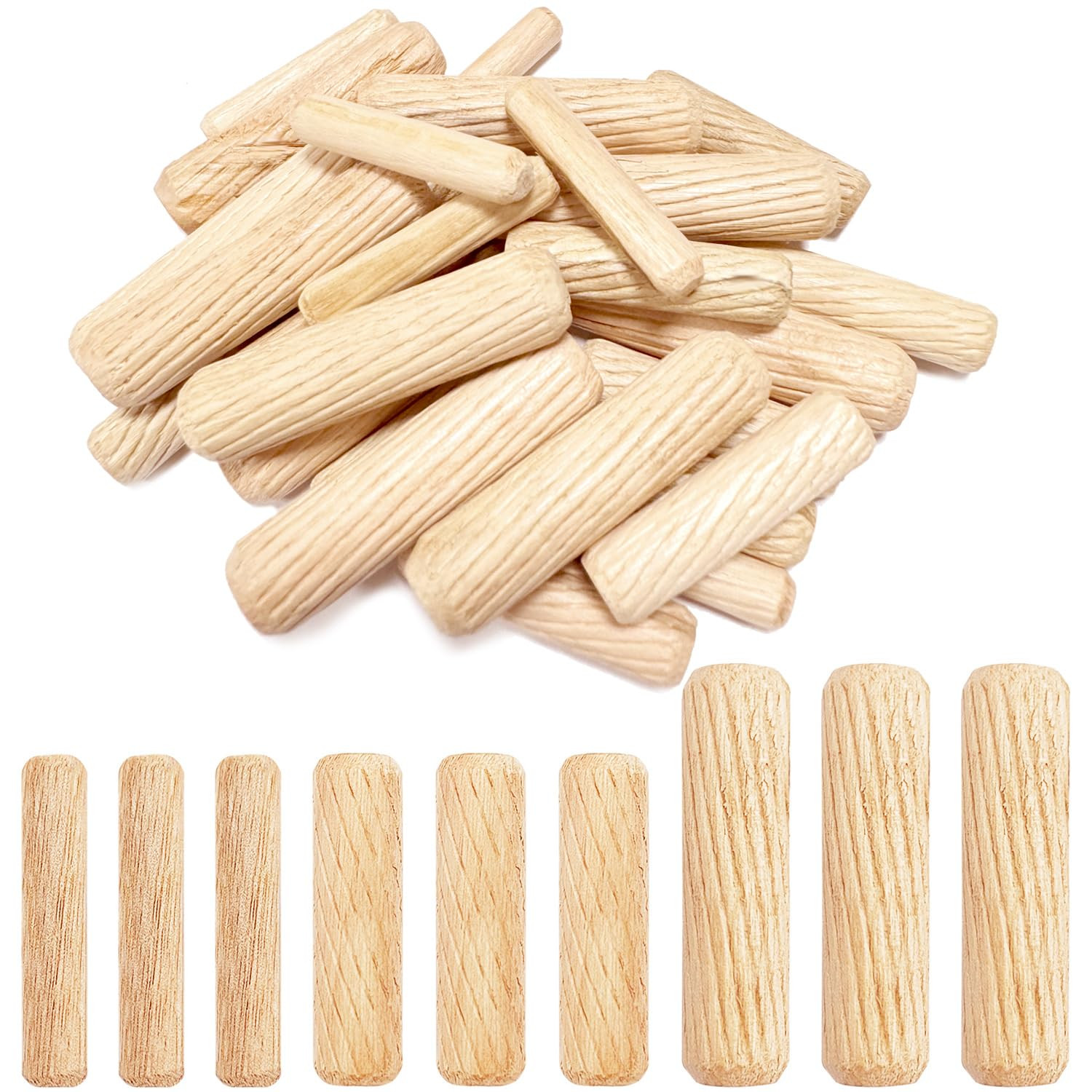 30Pcs Wooden Dowels Assorted, M6 M8 M10 Fluted Wood Dowel Pins, Hard Wood Groove