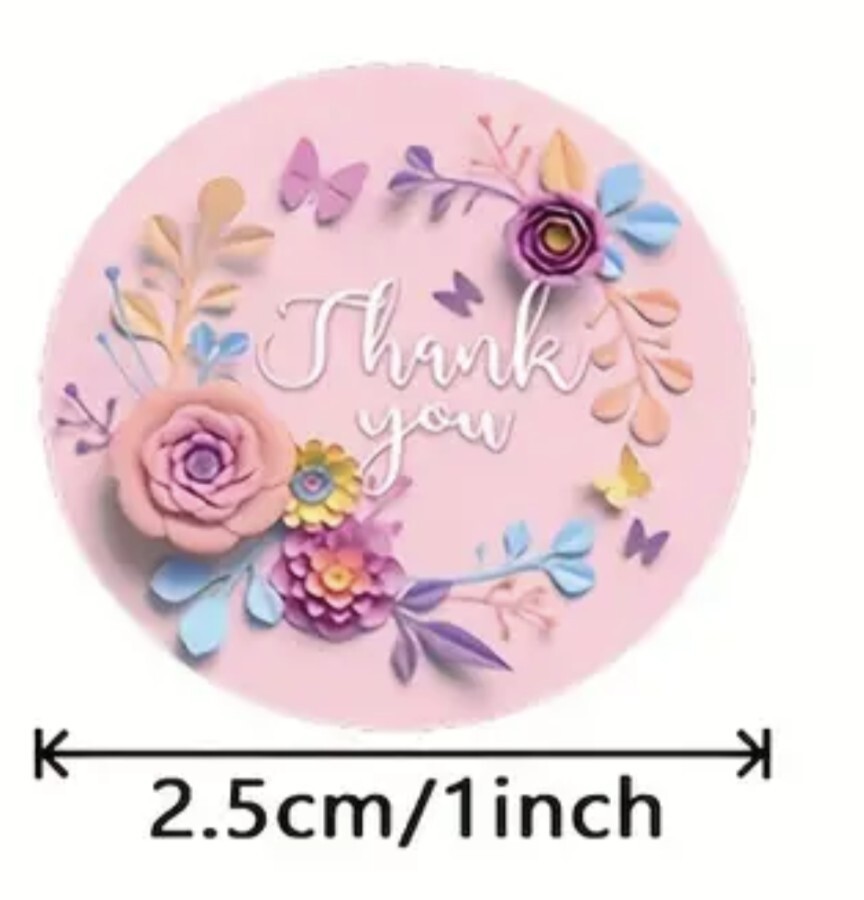 500 pc Sticker Seals Roll Pretty Thank you Floral Semi Gloss Round Self Adhesive