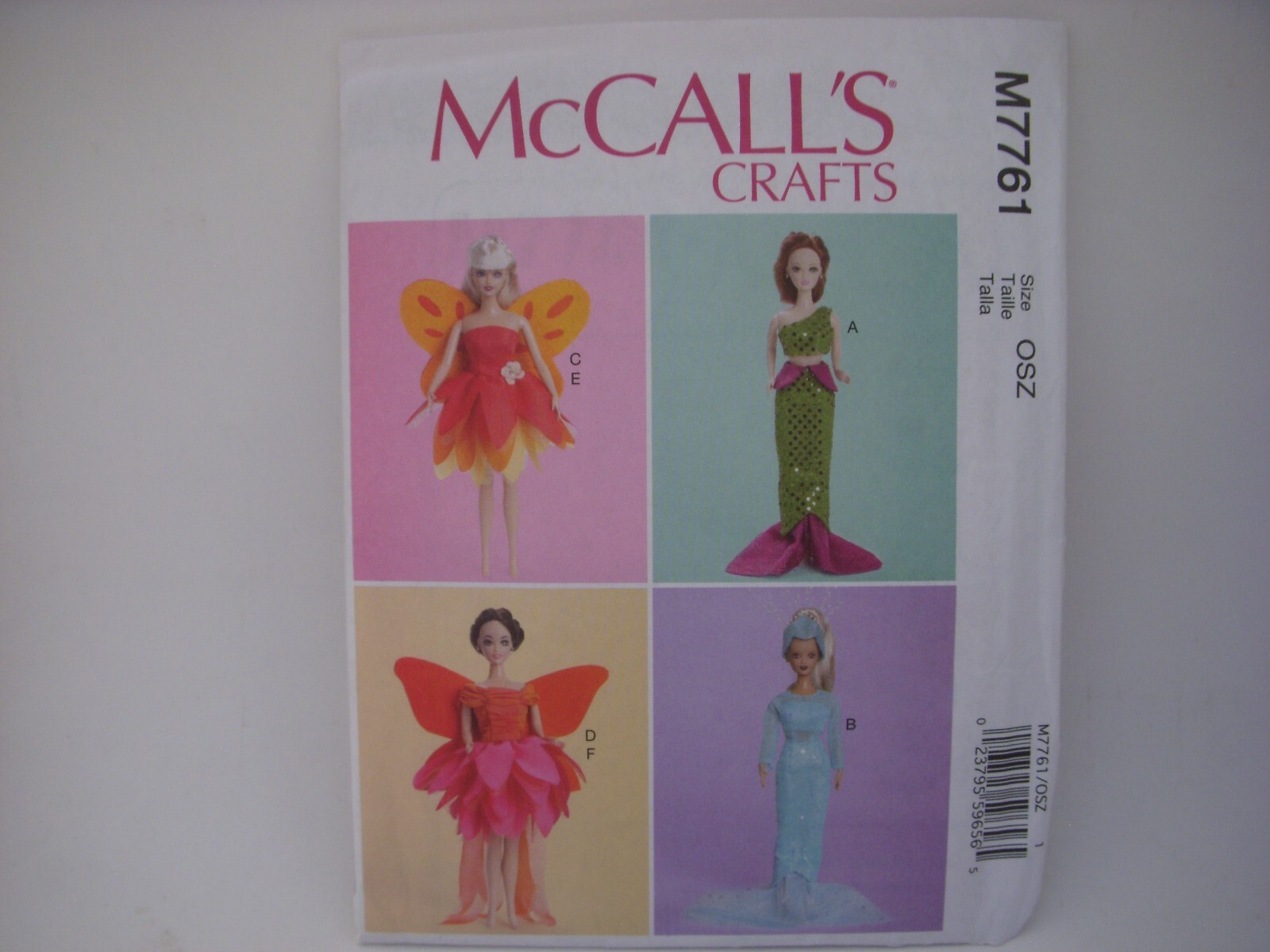 McCall’s 7761 Doll Clothing 11 1/2″ Tall, Mermaid, Fairy, Goddess, Wings Pattern