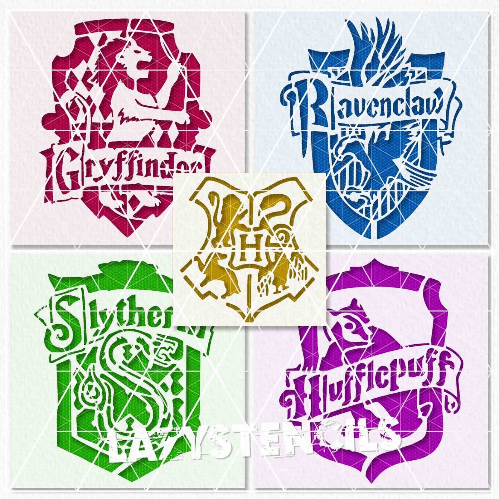 Harry Potter Hogwarts 5 stencils – Gryffindor Ravenclaw Slytherin Hufflepuff