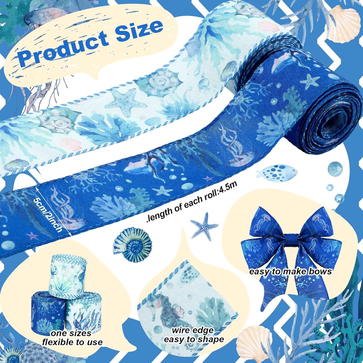10 Rolls Summer Sea Animals Ribbons 6 Rolls 2.5″ X 5 Yards Ocean Wired Edge Fabr