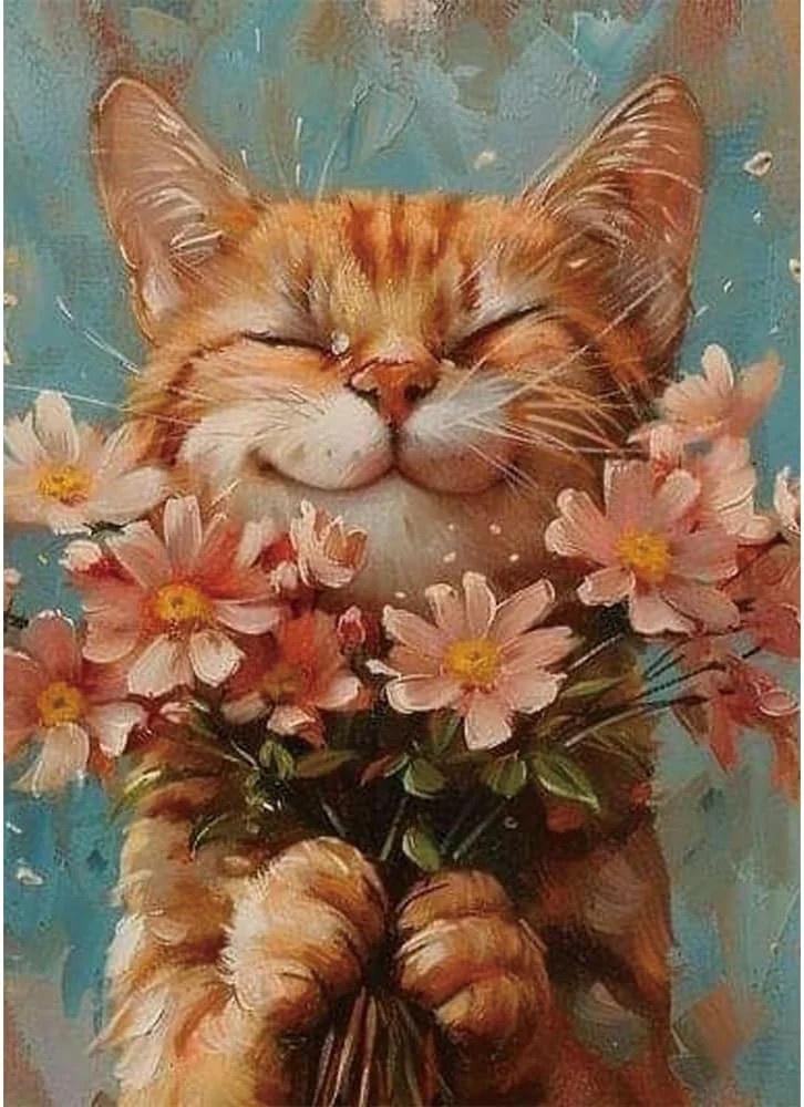 Smiling Orange Cat with Flowers Diamond Painting Kits for Adults, Ginger Cat Dai