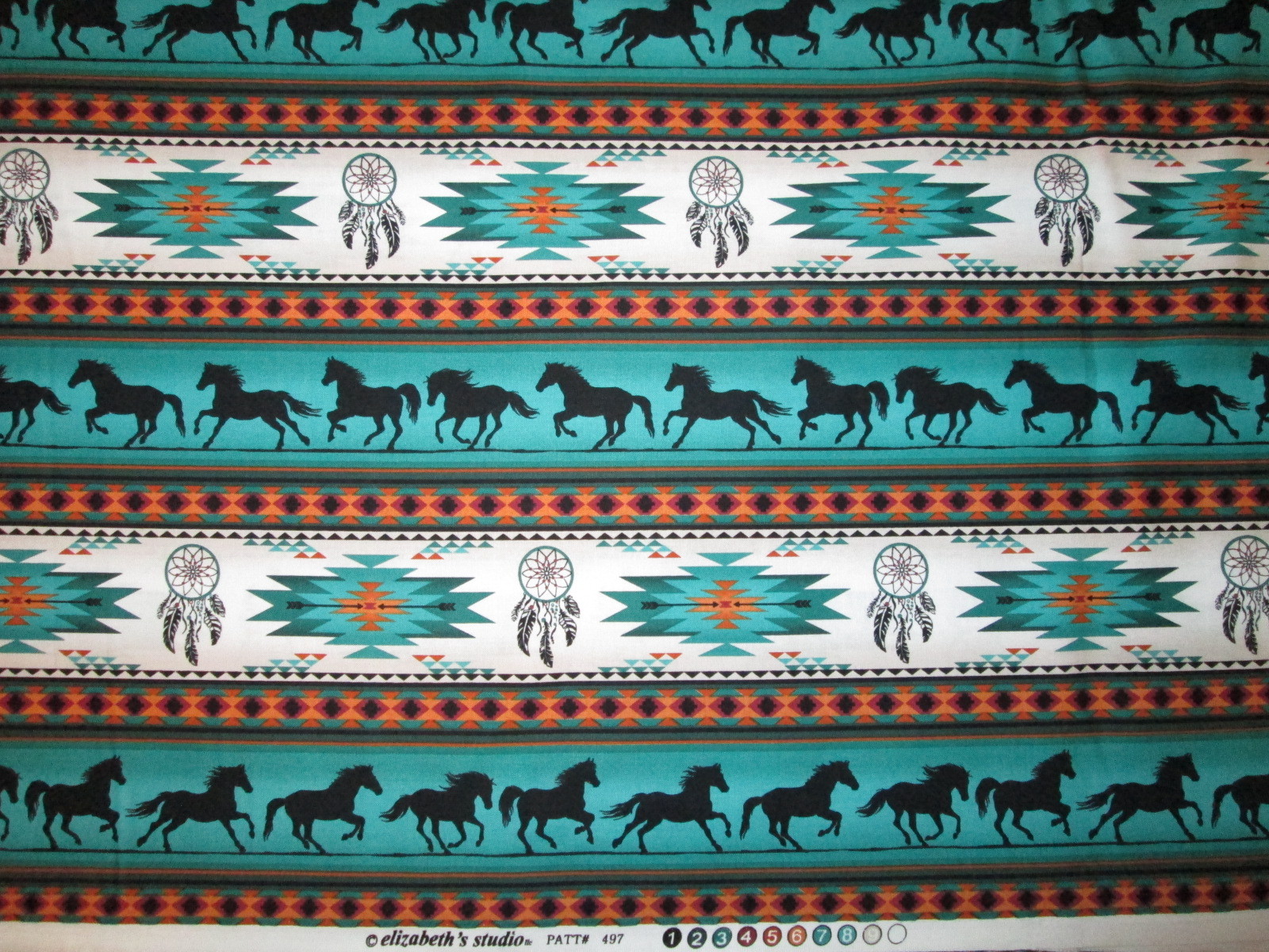Navajo Native American Totem Horse Border Teal Blk Cotton Fabric FQ