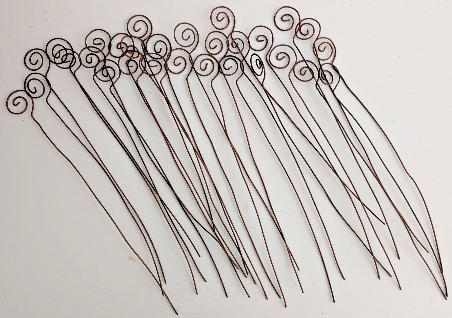 Primitive Rusty Metal Swirl Curly FLORAL PICKS, 12″; Rustic LOT OF 29; NOS