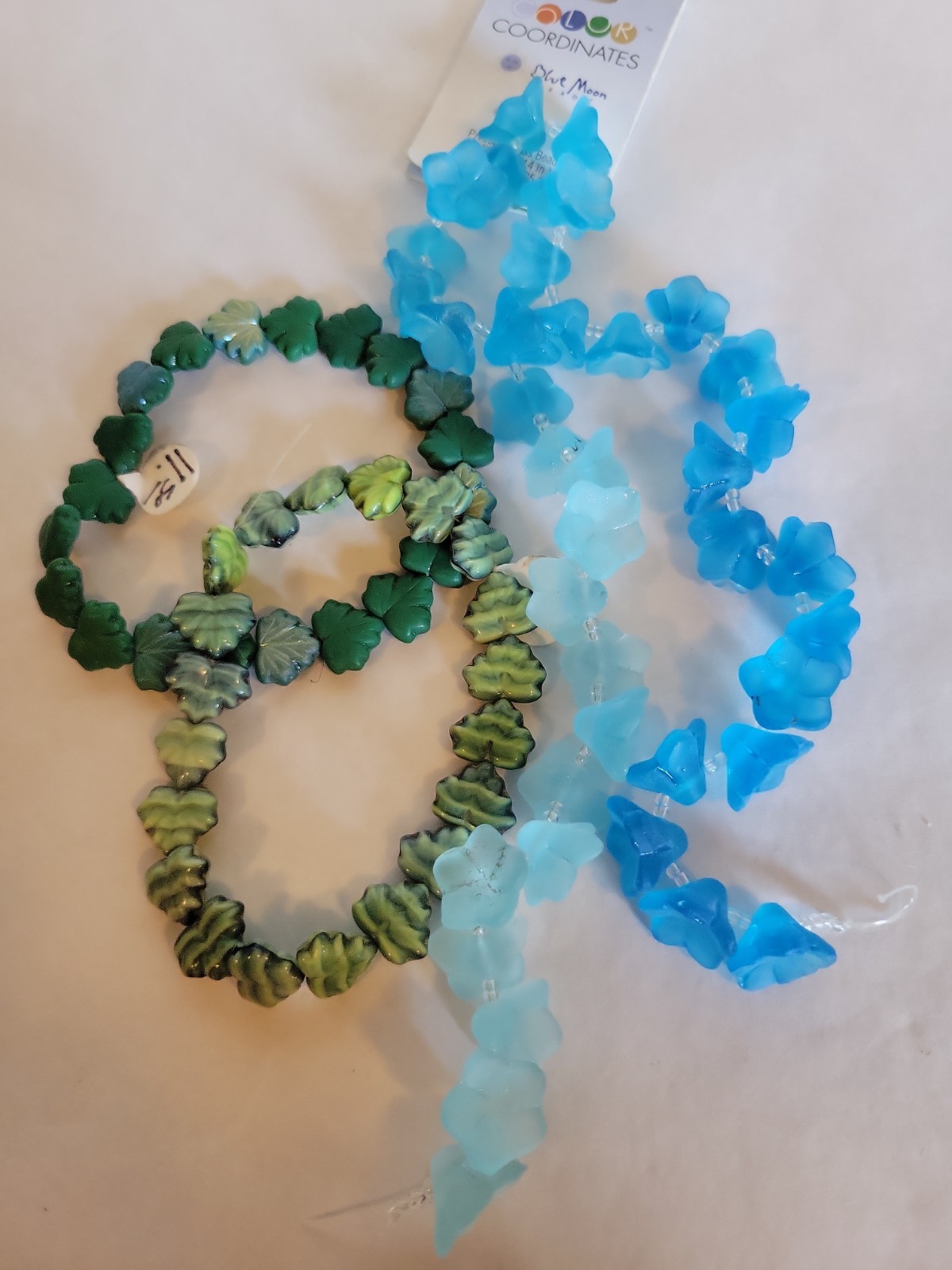 Two New Strands Green Leaf Beads & One New Aqua Blue Flower Glass Strand lot