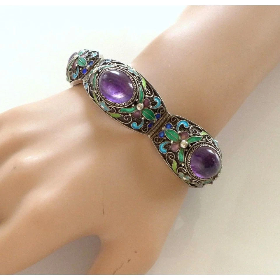 Vintage Chinese Silver Filigree Enamel Amethyst Bracelet Ring Set Jewelry —