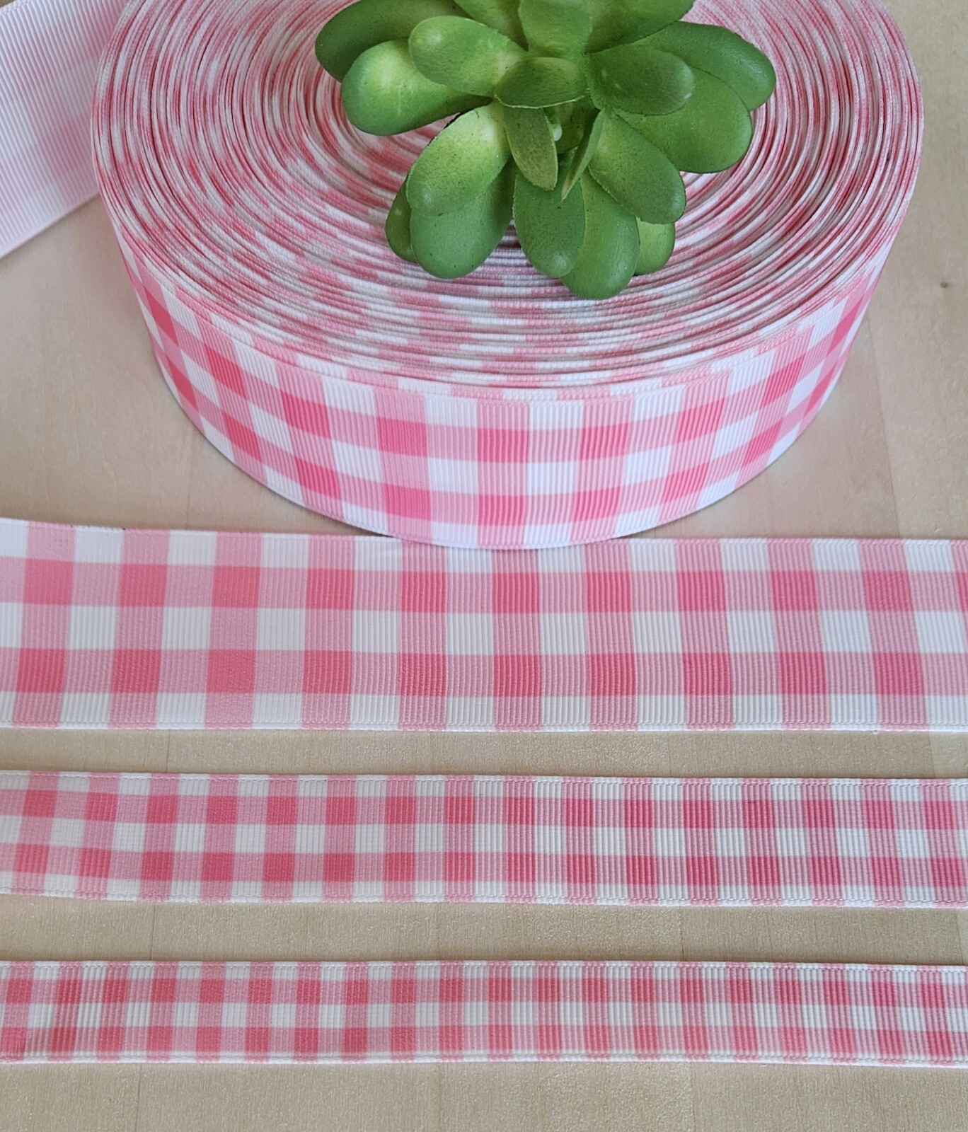 5/8, 7/8 & 1.5” (1 YD) Pink & White Gingham Grosgrain Ribbon Barbie Bow Ribbon
