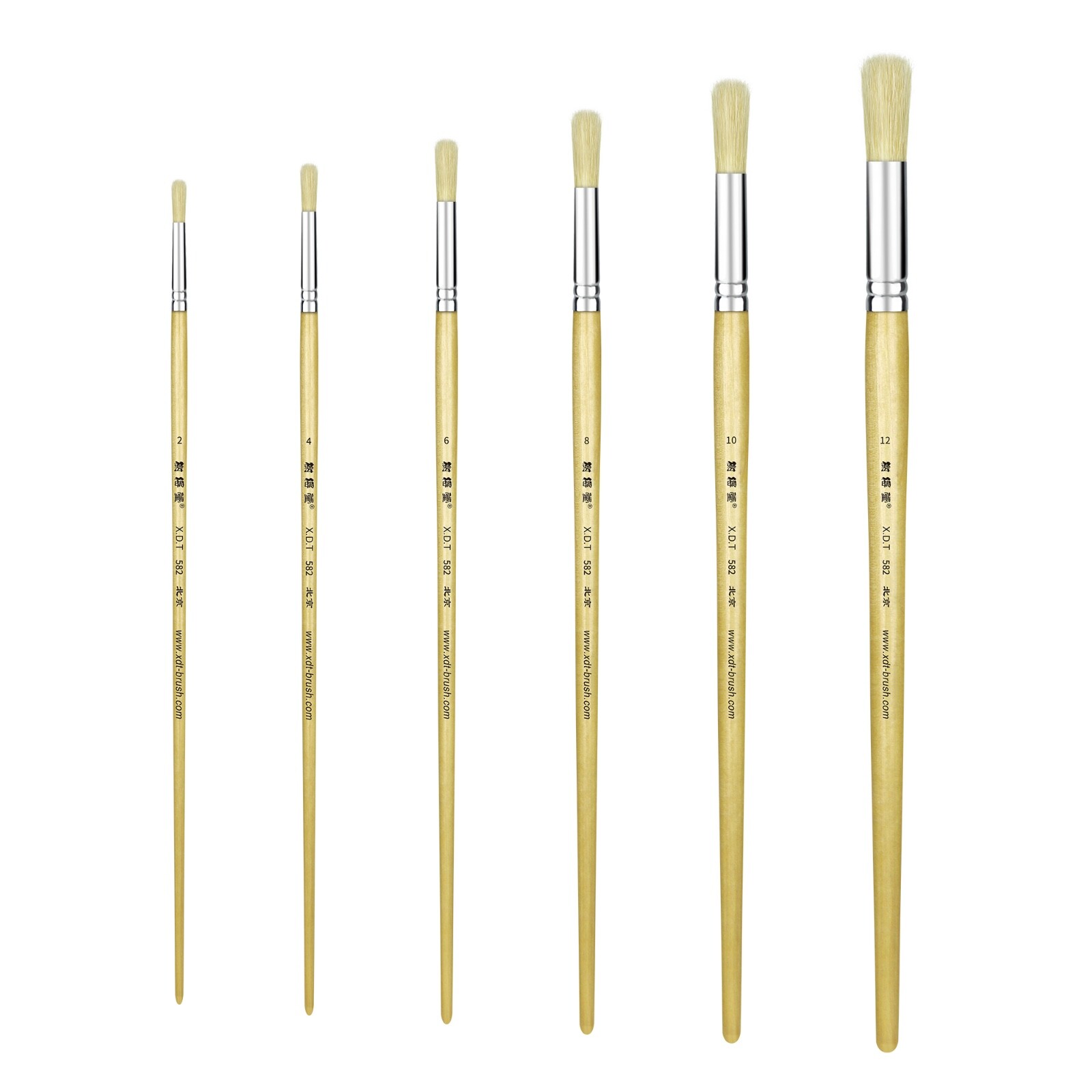 XDT#582 Round Tip Art Brush Set 6Pc #2#4#6#8#10#12 Hog Bristle X-Long Handle Oil