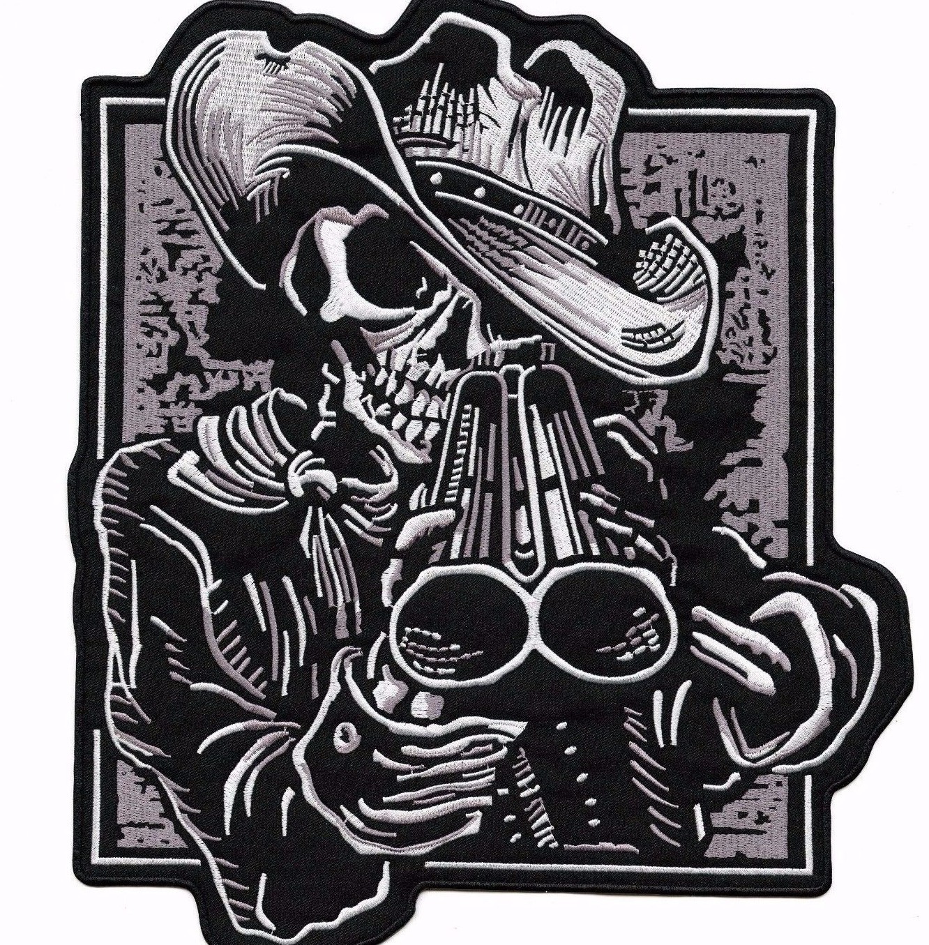 Shotgun Skull Patch 12.5″ | Cowboy Skeleton Halfskull Embroidered Iron On Large