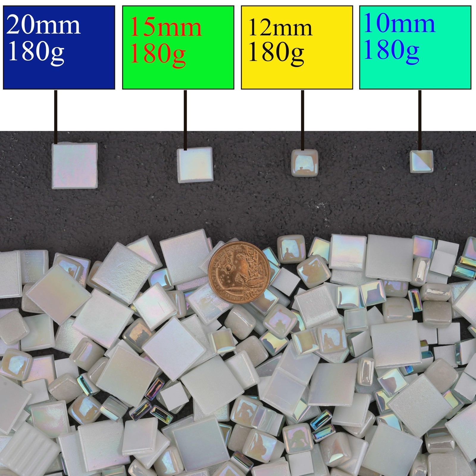 1.6lb White Glass Mosaic Tiles, Mixed 4 Sizes Iridescent Square Mosaic Pieces…