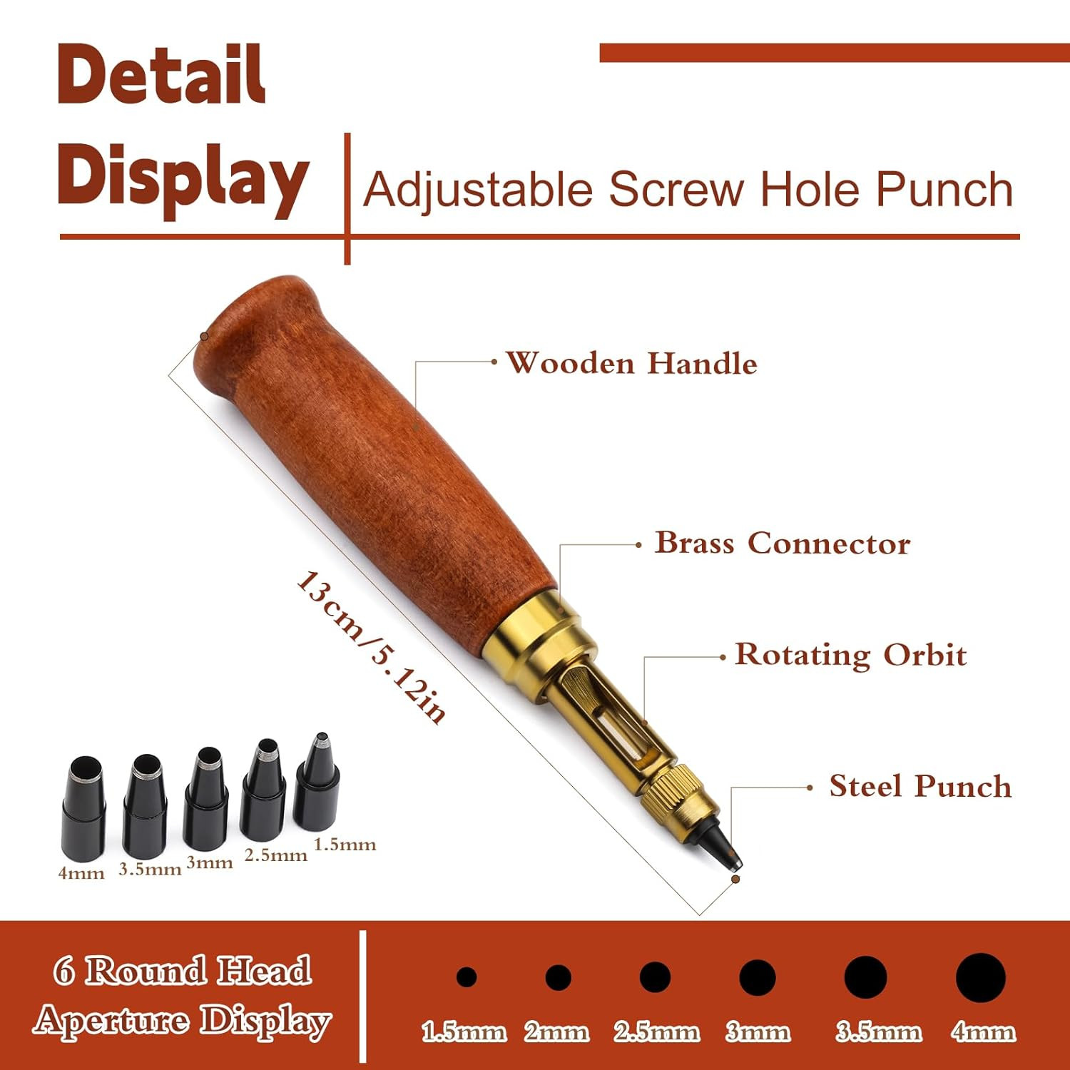 Adjustable Japanese Screw Punch, 6 Tip Sizes Adjustable Screw Hole Punch, Wood H