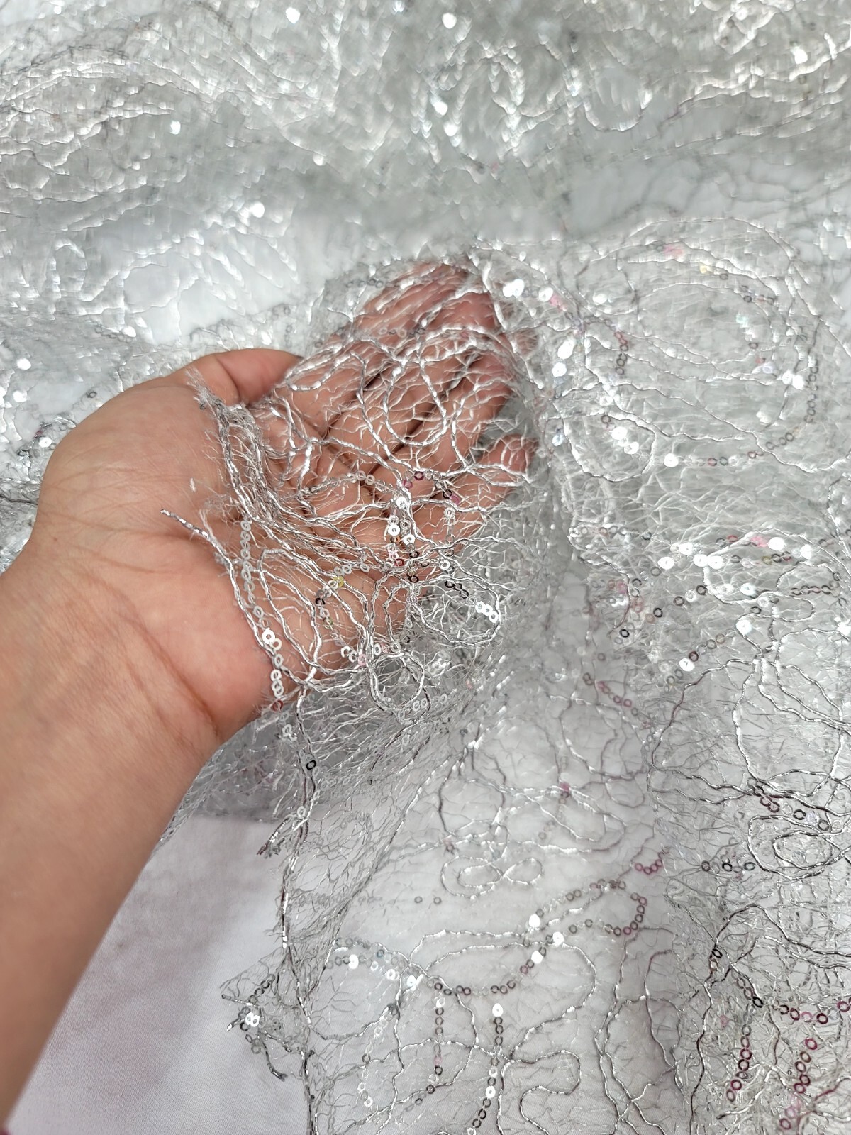 Silver Spider Web Embroidered Lace Sequin Geometric Fabric Sold by the Yard
