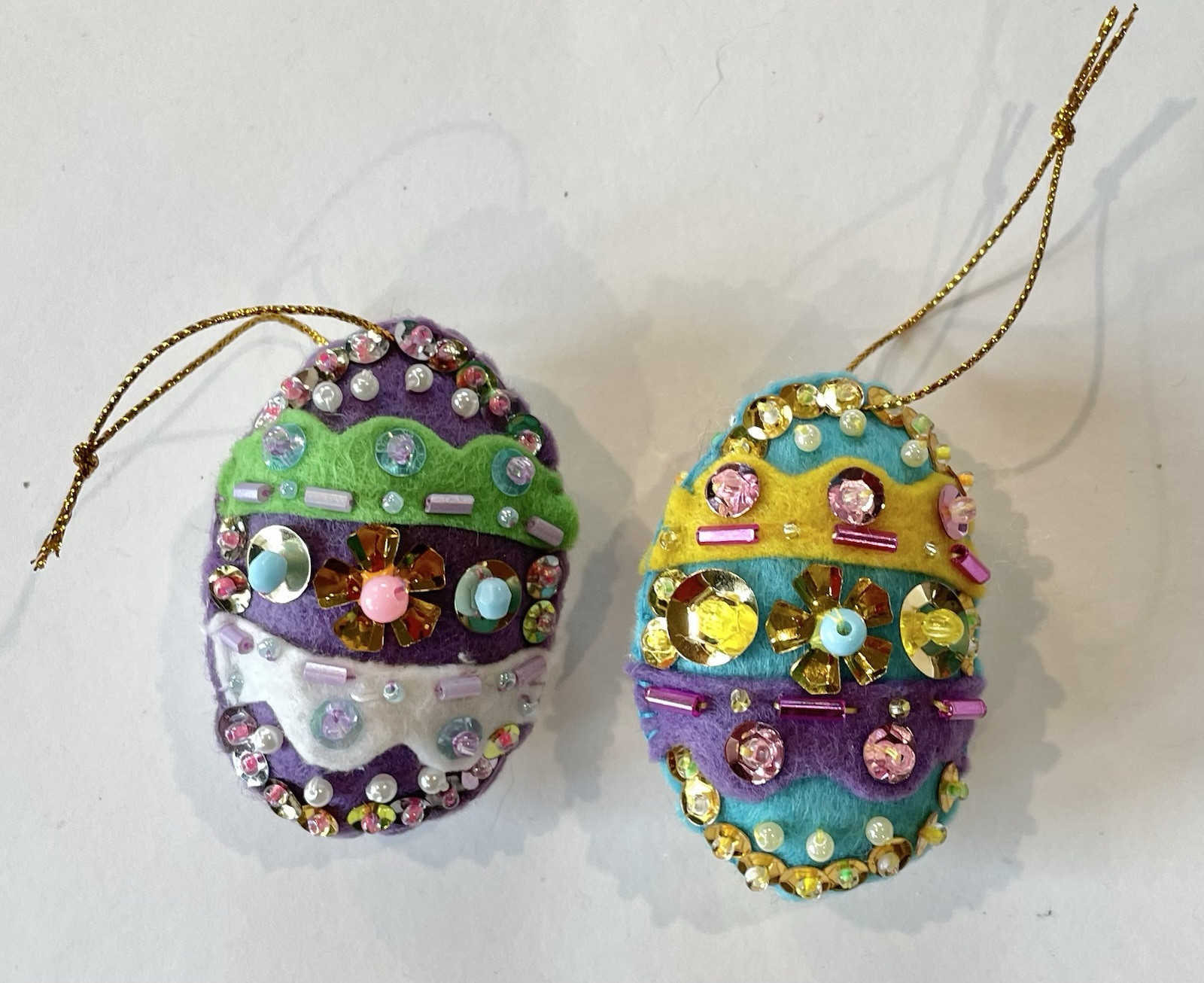 SET of 2 Festive Felt Easter Egg Ornaments, handmade, decorated both sides