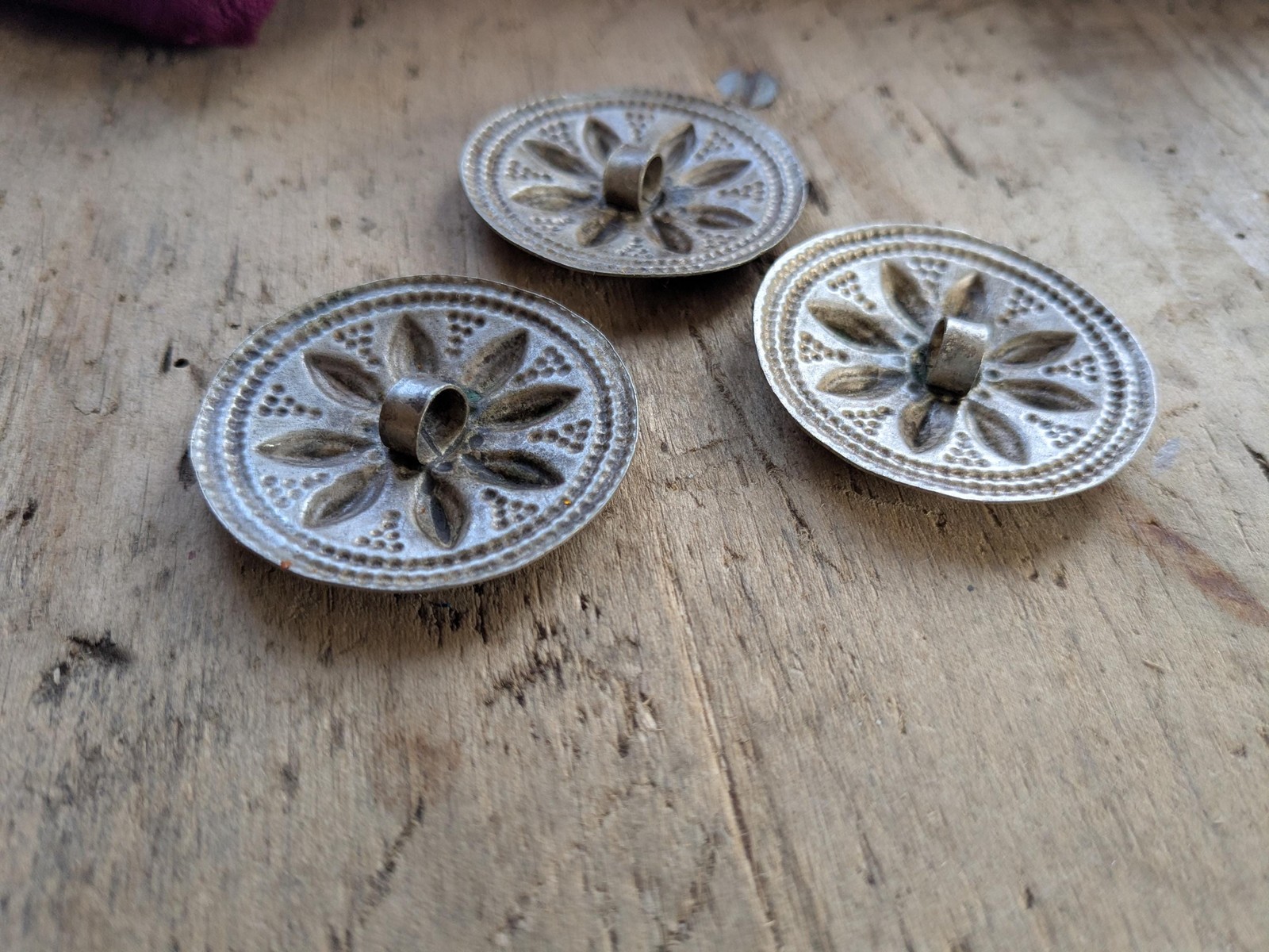 Vintage Flower Buttons Trio of Waziri Pakistan Tribal Notions 50mm Big (19511)