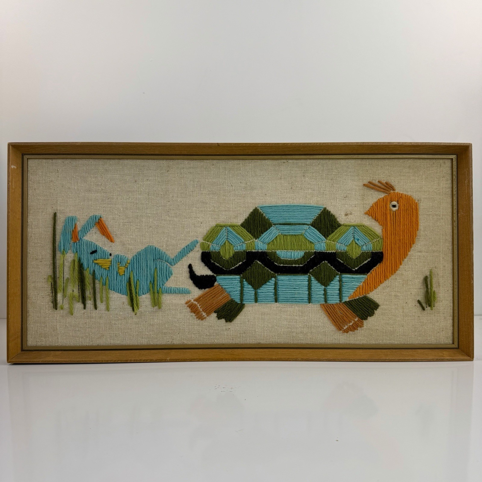 Vtg Framed Crewel Embroidery Wall Folk Art Tortoise & Hare Mid Century MCM Boho