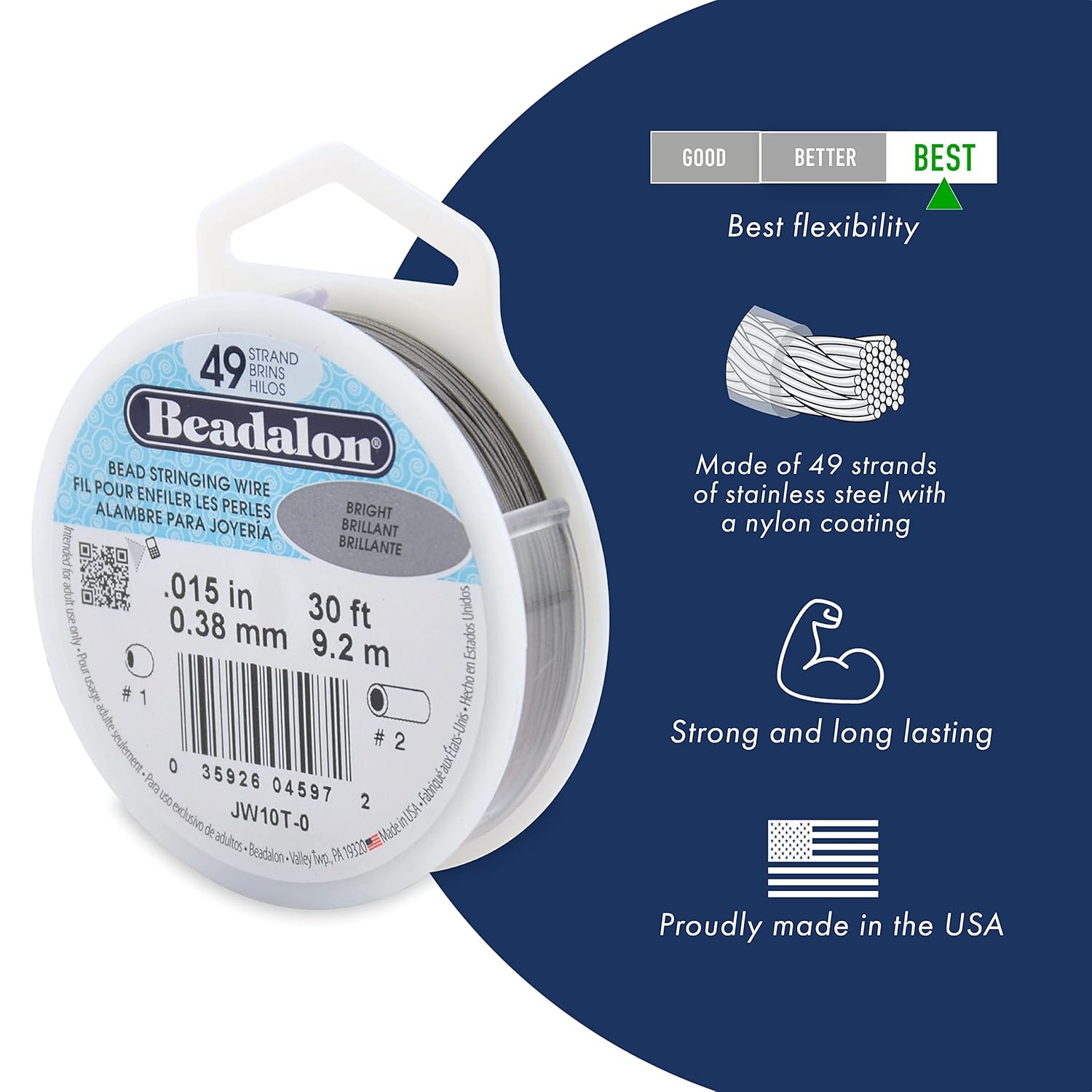 49 Strand Bead Stringing Wire, .024 in / 0.61 Mm, Silver Color, 30 Ft / 9.2 M