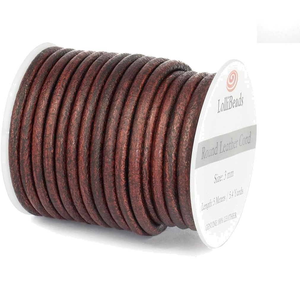 Genuine 3mm Round Leather Cord in Antique Brown Distressed – 5 Yards for Crafts