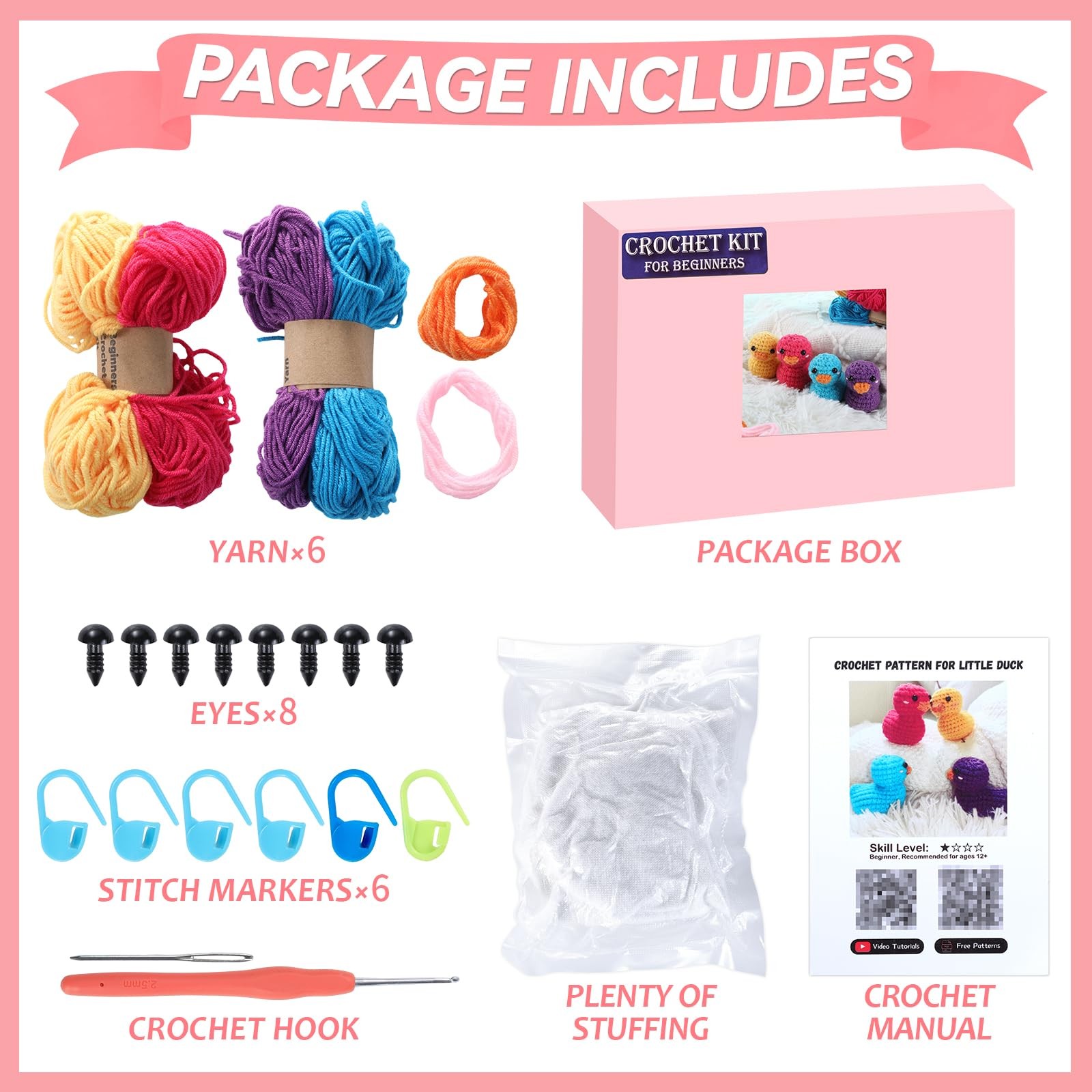 4 Pack Duck Crochet Kit for Beginners with Easy Yarn and Step-by-Step Video T…