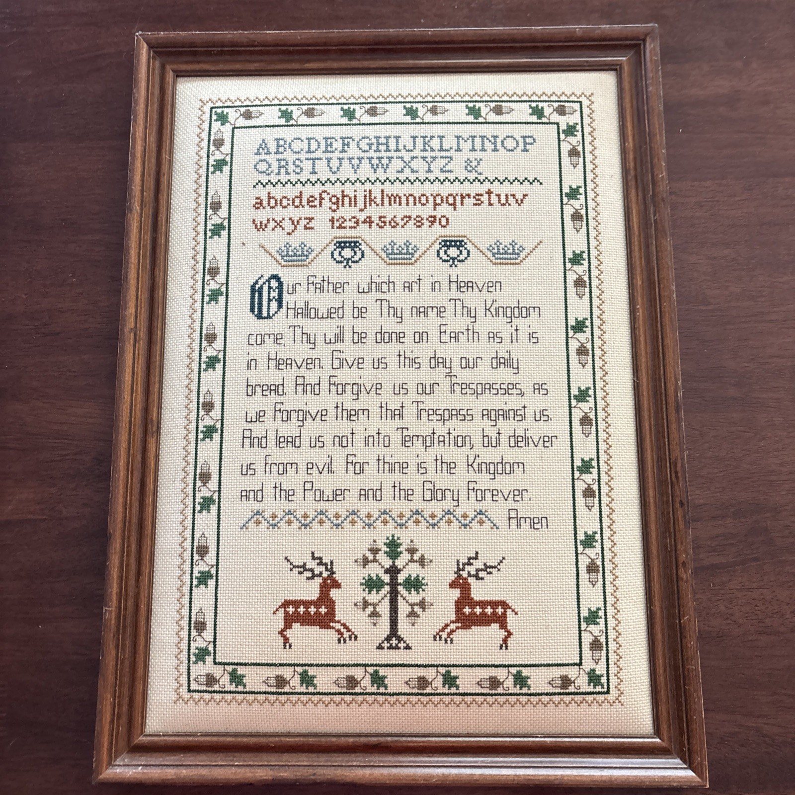 VTG Framed Handmade Needlepoint Embroidery Sampler W/ Lords Prayer Religious