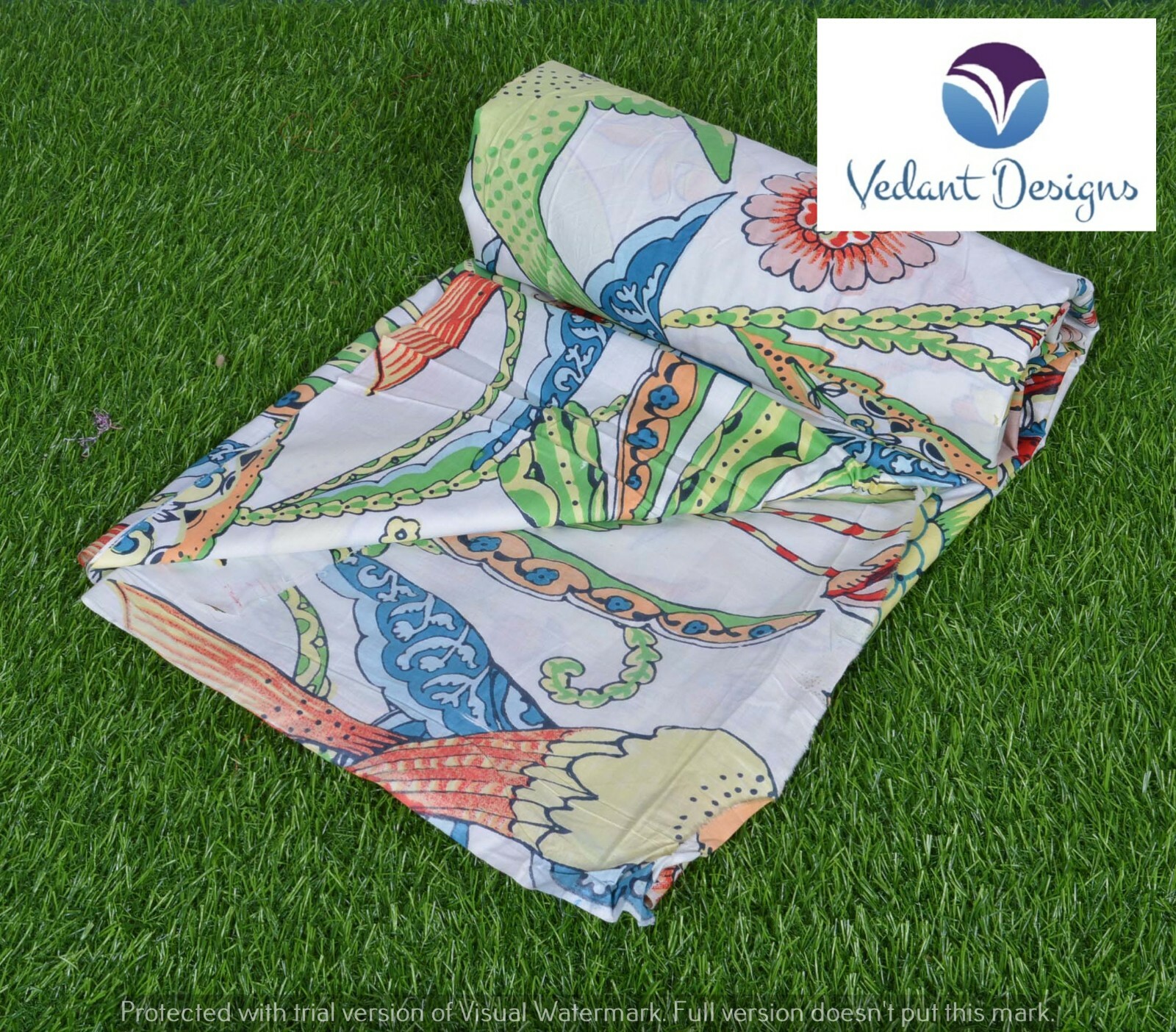 5 Yard Indian Hand Block Cotton White Floral Print Handcrafted Fabric