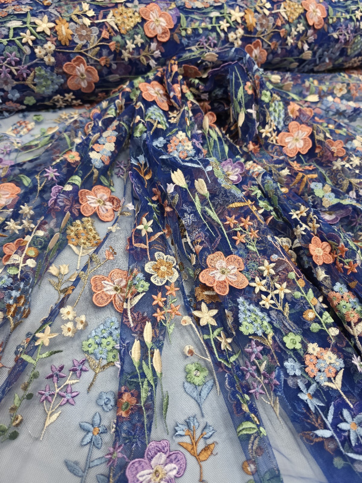 Royal Blue Lace Fabric Sold By The Yard Multicolor Embroidery 3d Floral