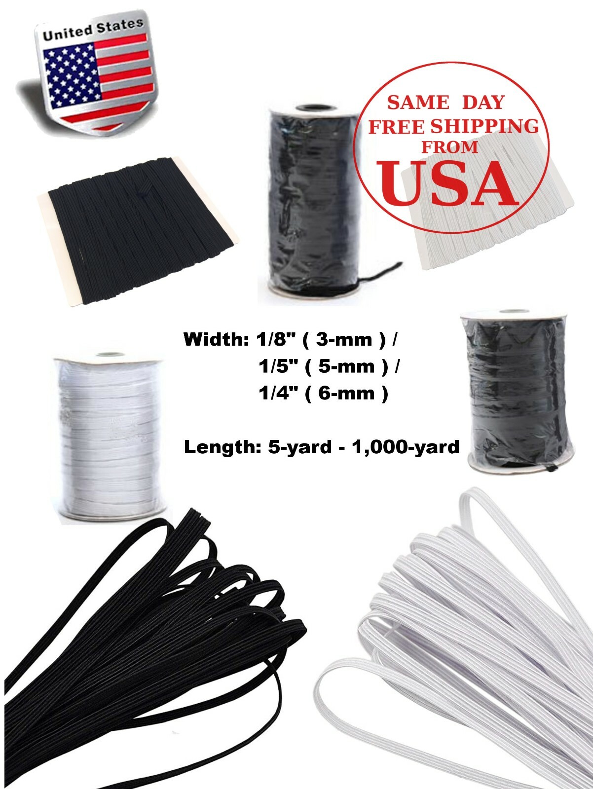 Flat Braided Elastic Band 1/8″ – 1/4″ ( 3mm – 6mm ) Width DIY, 5 to 1,000 Yards