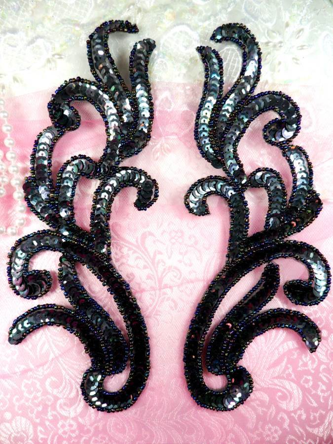 Sequin Beaded Appliques Aurora Borealis Gunmetal Mirror Pair SET Patch 9″ (0170)