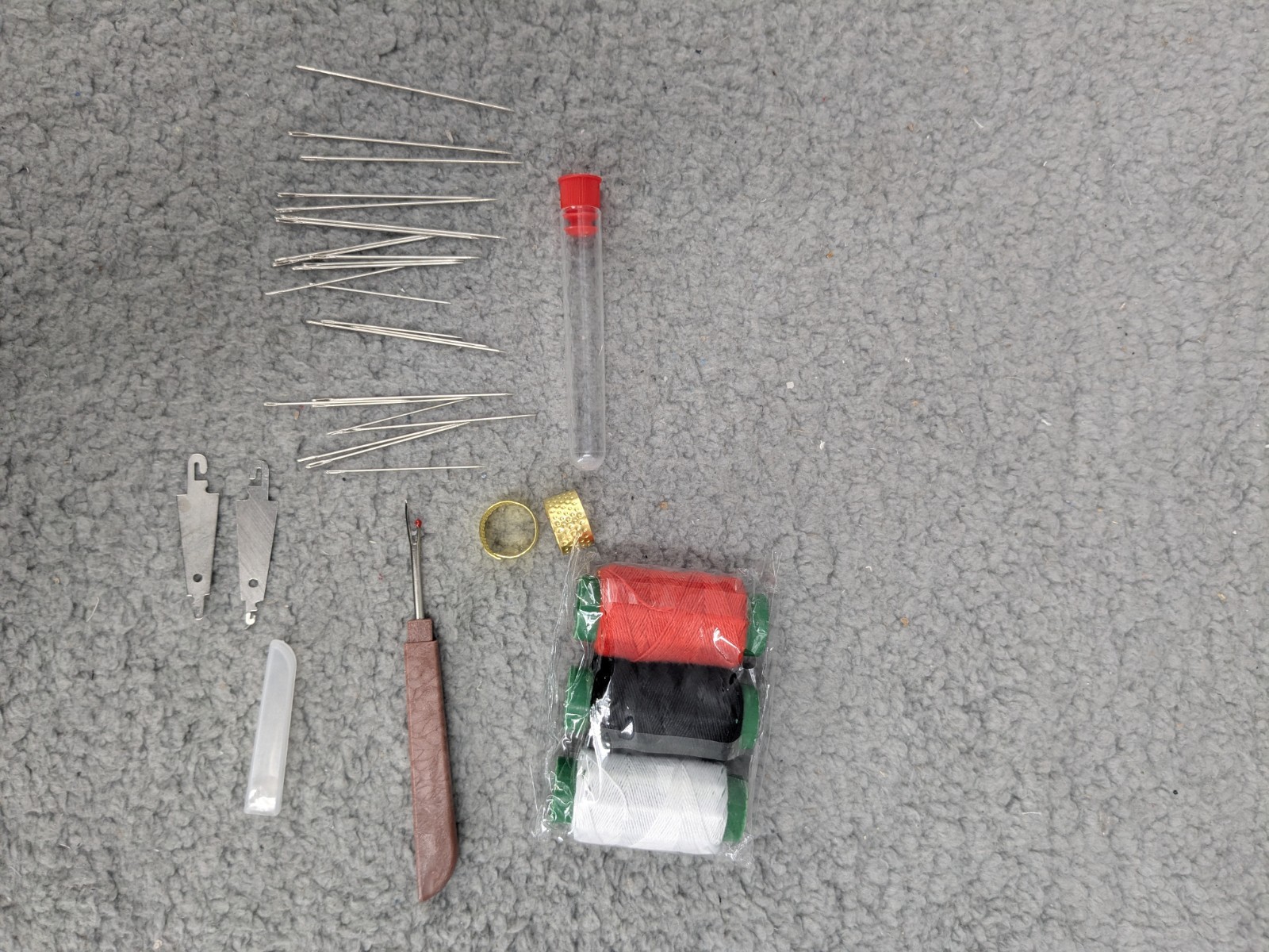 Sewing Tool Set, Needles Thread, Hand Repair, Thimble, Red, White, Black Thread