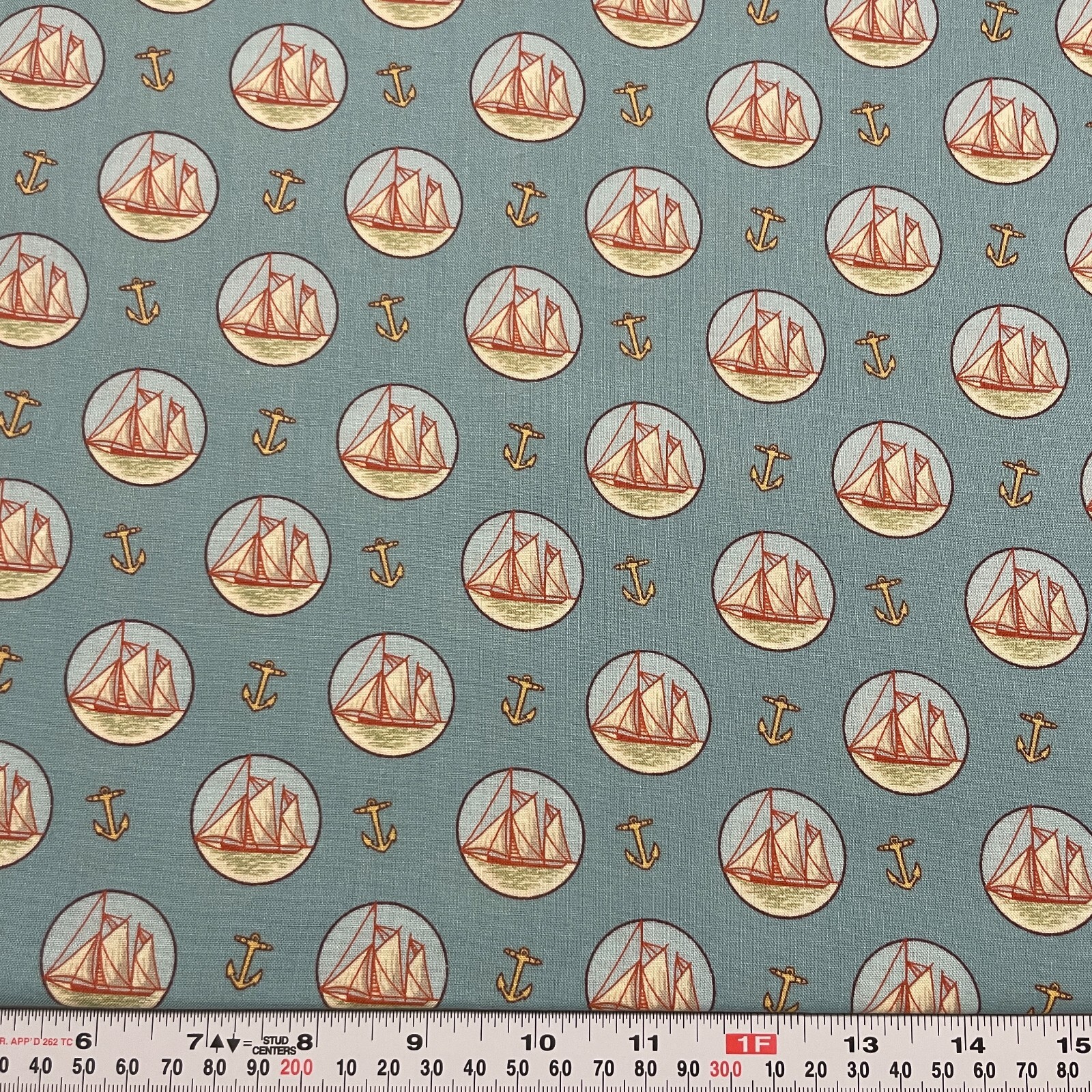 Nautical Anchors Clipper Ships Concord Fabrics Blue Cotton by the HALF YARD