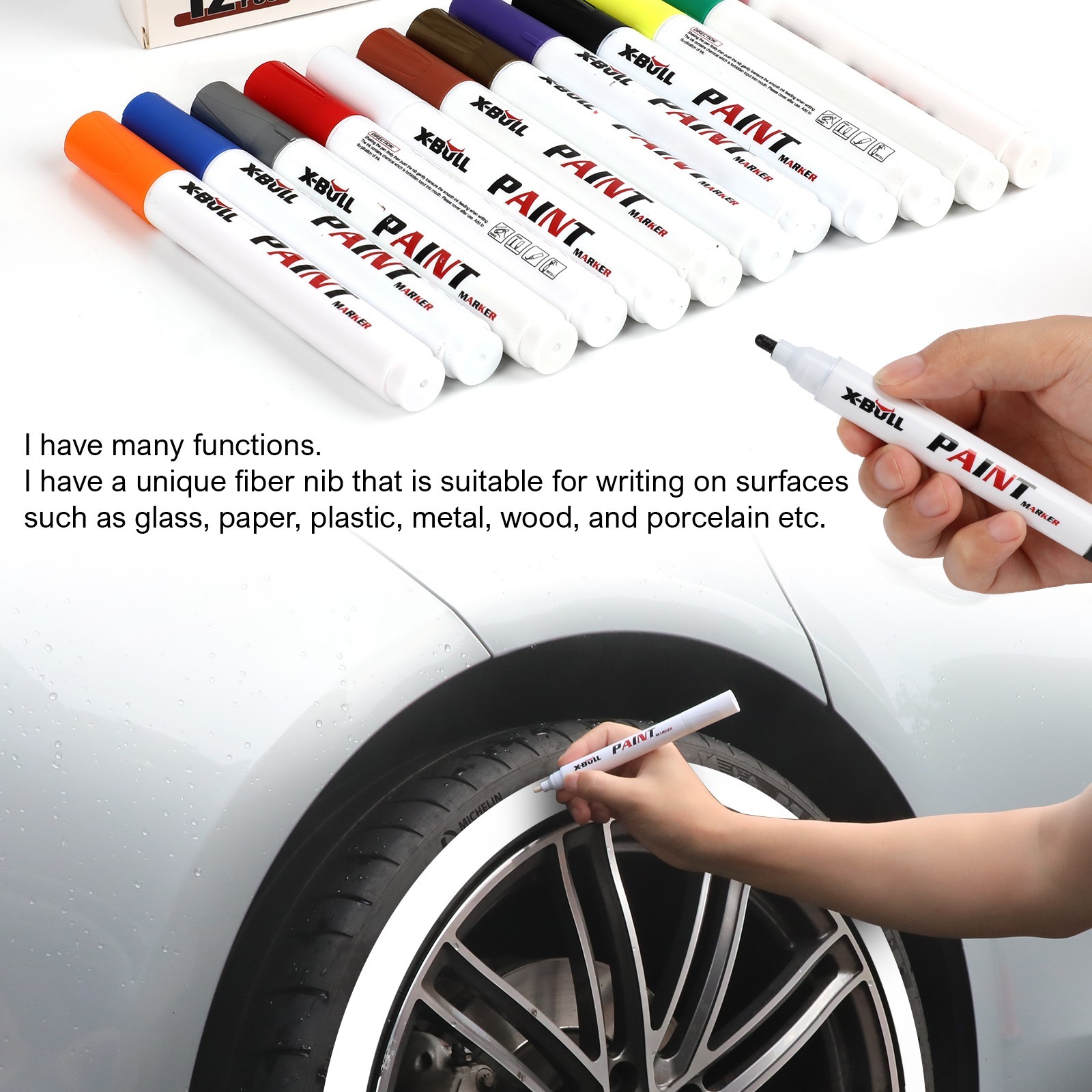 X-BULL 12Pcs Waterproof Permanent Paint Marker Pen Car Tyre Tread Rubber Metal