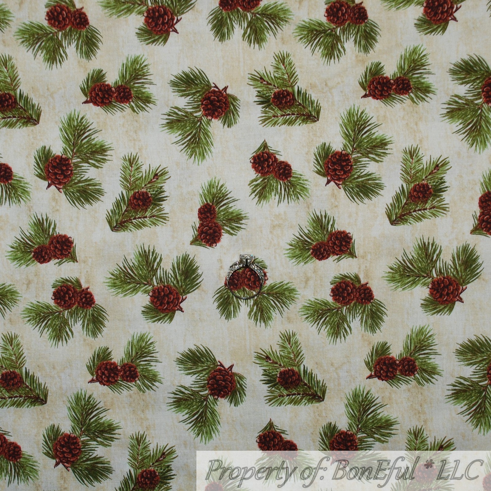 BonEful FABRIC FQ Cotton Quilt Tan Brown Green Holiday Xmas Tree Pine Cone Cabin
