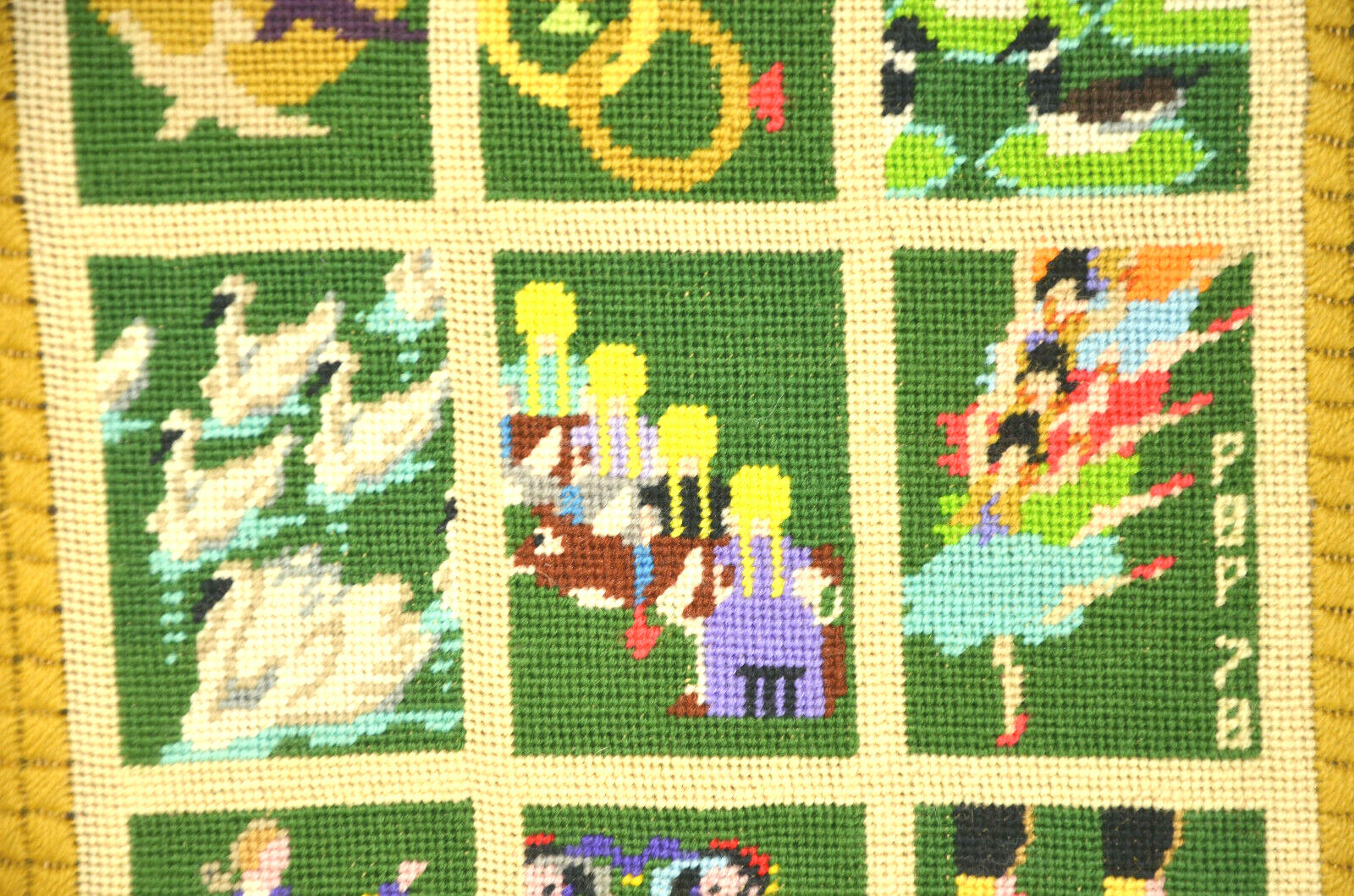 12 Days of Christmas Needlepoint Embroidery Art Frame LARGE 27×14 Vtg Crewelwork