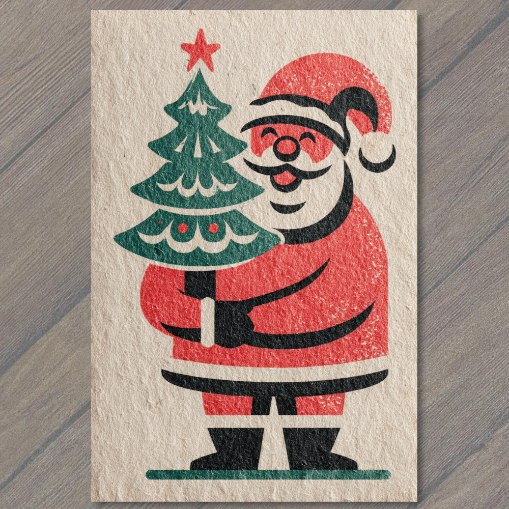 STICKER Santa Claus Holding Christmas Tree Retro Holiday Minimalist Print