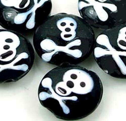 6 Lampwork Handmade Glass Skull Lentil Halloween Beads 18mm