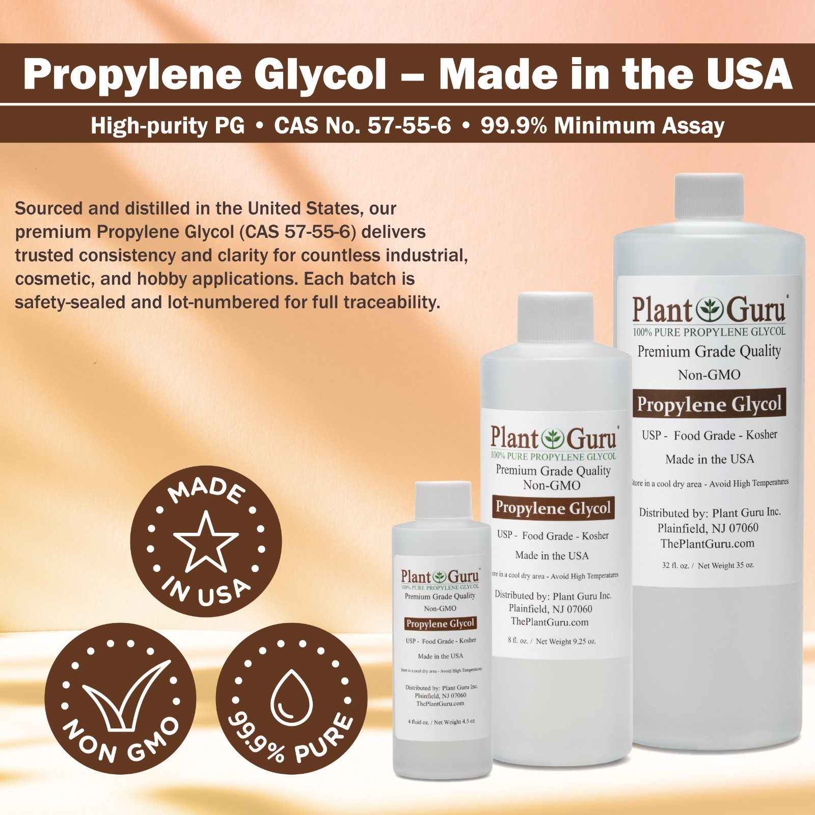 Propylene Glycol Food Grade USP 99.9% Pure Kosher NON GMO PG VG 1 oz to 1 Gallon