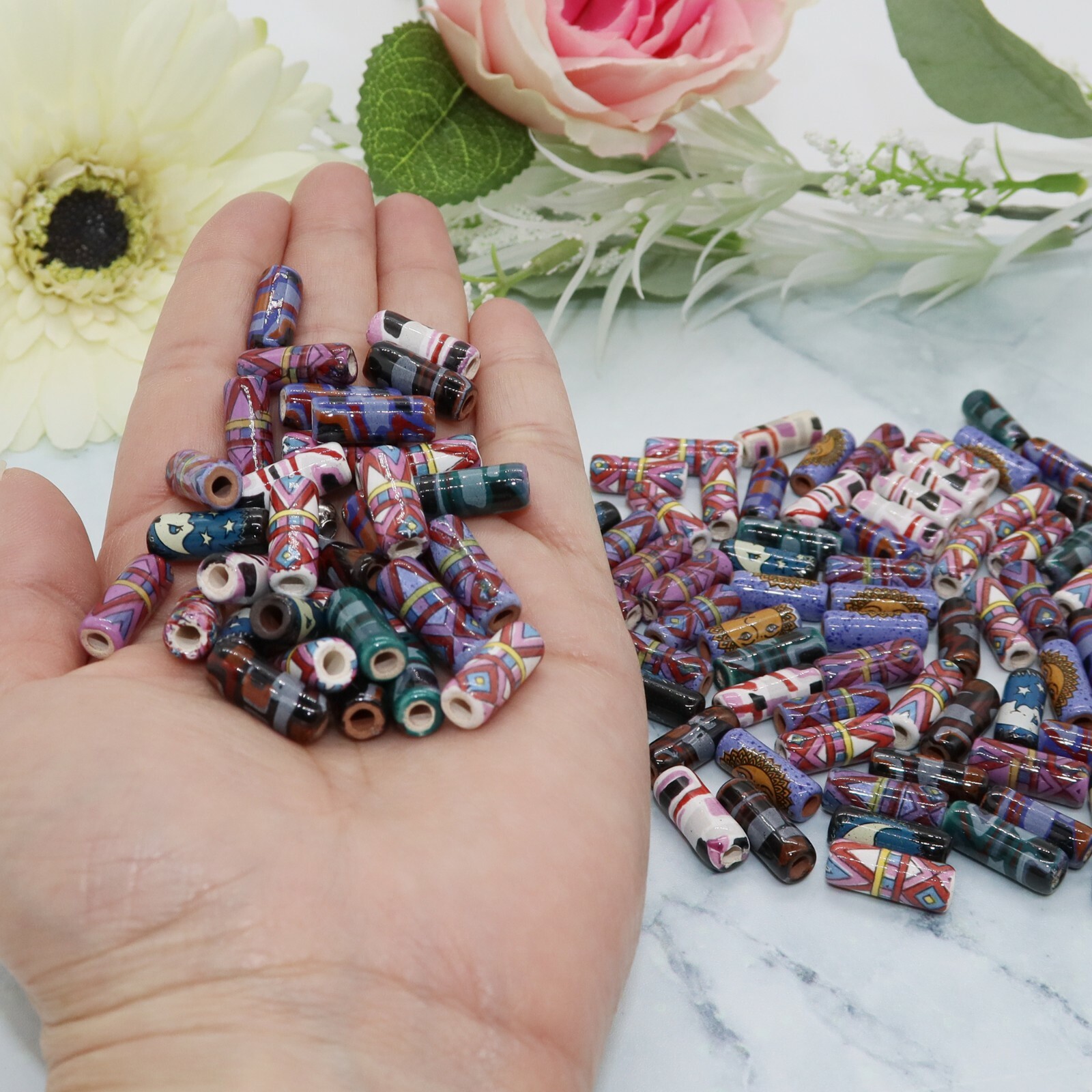 100 PCS Western Porcelain Ceramic Beads for Jewelry Making, with 5m leather cord