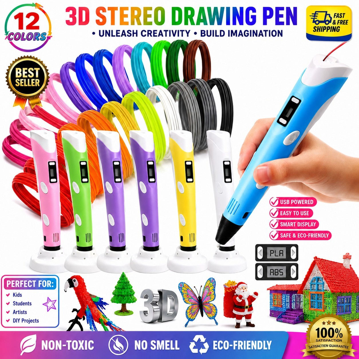 3D Printing Pen Set 3D Drawing Pen with LED display 12 color Filament Kids gift