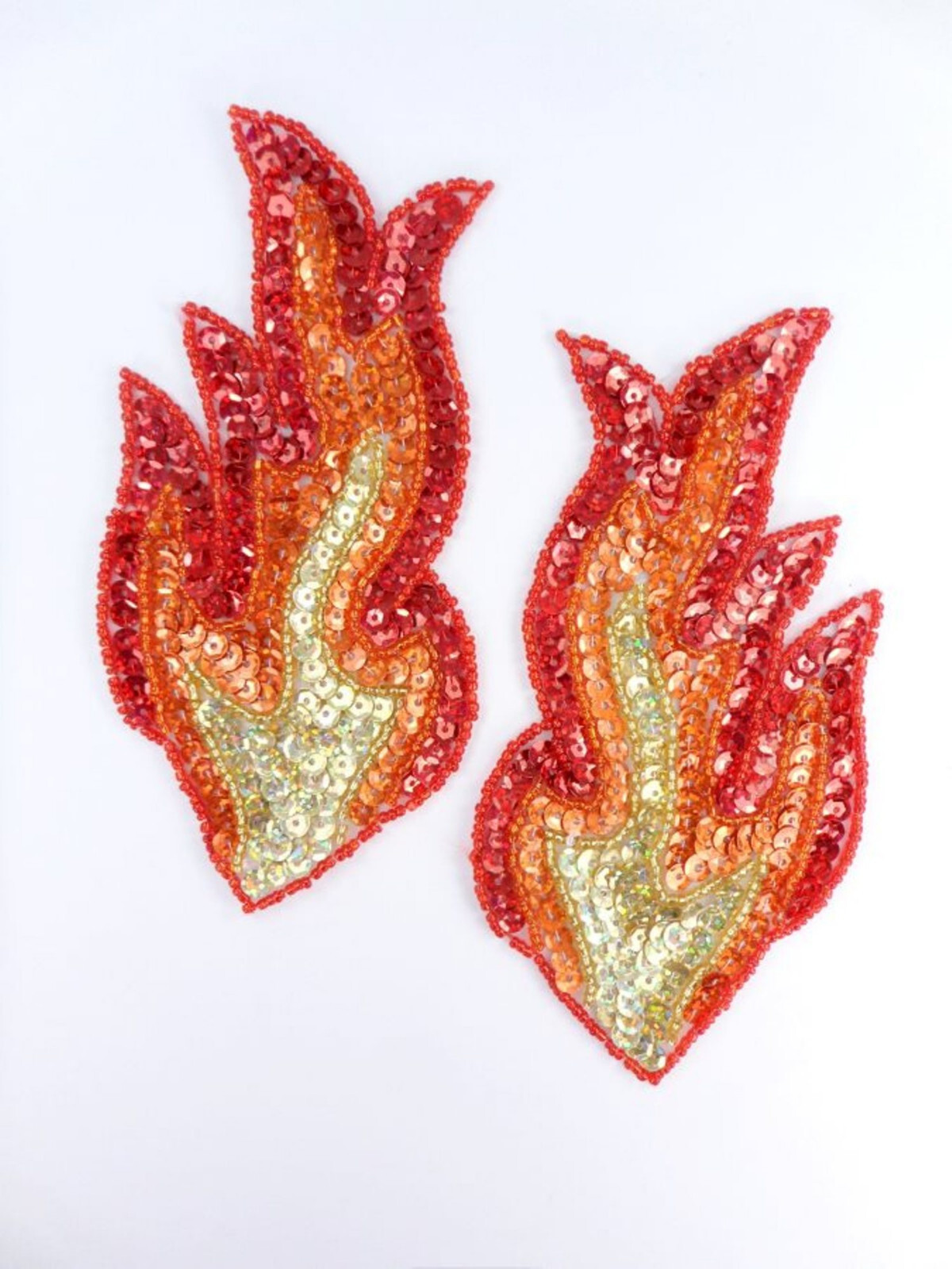 FLAMES OF FIRE APPLIQUES SEQUIN BEADED MIRROR PAIR HOLOGRAPHIC 6″ JB117X