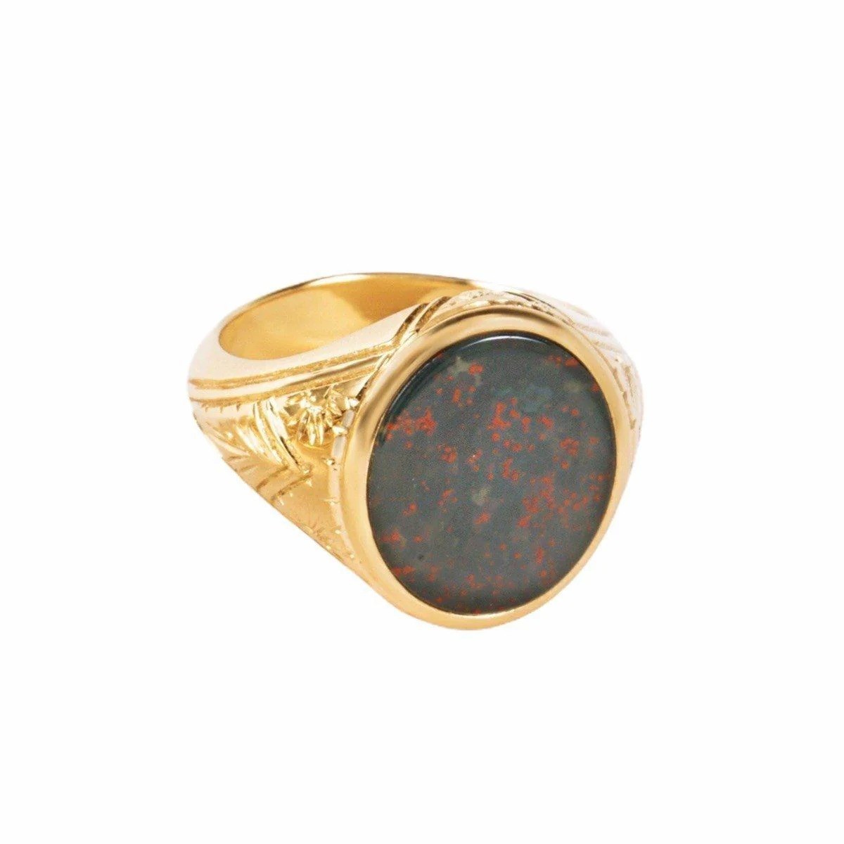 Men’s Gold Bloodstone Ring – Round Gemstone with Engraved Band, Statement Jewelr