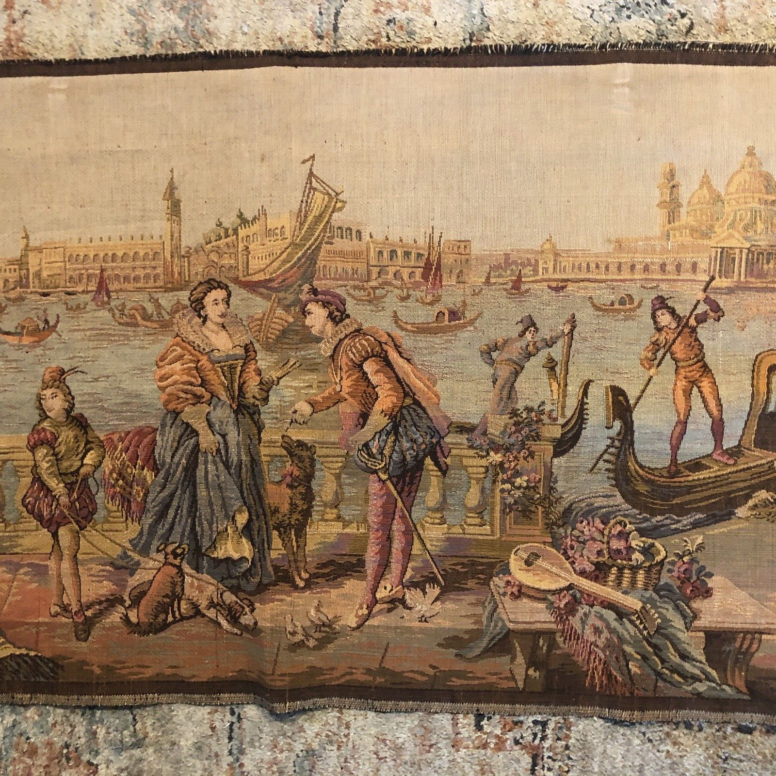 Vintage Tapestry Runner Old World Courting & Boating Scene 19″x 56″ Long