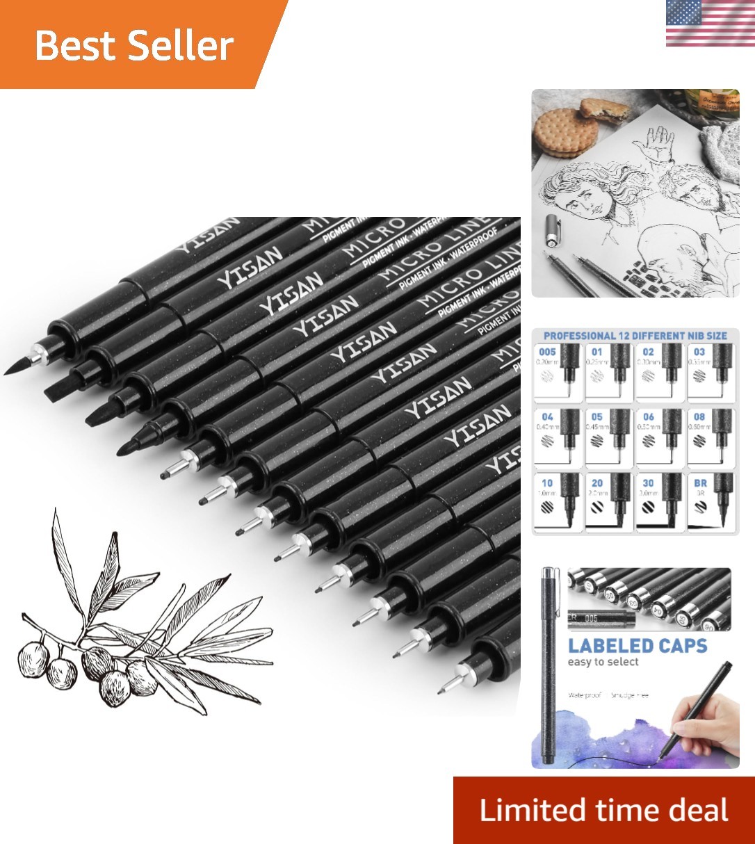 Professional Black Micro Fineliner Pens – 12 Pack for Artists & Illustrators