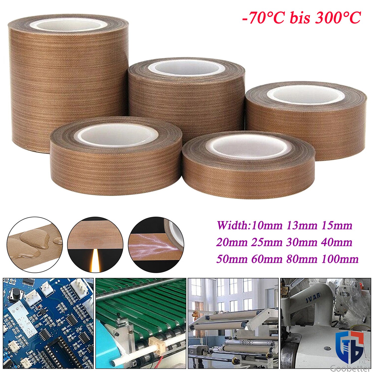 10M/Roll PTFE Tape High Temperature Heat Resistant Width 10-100mm Self-Adhesive