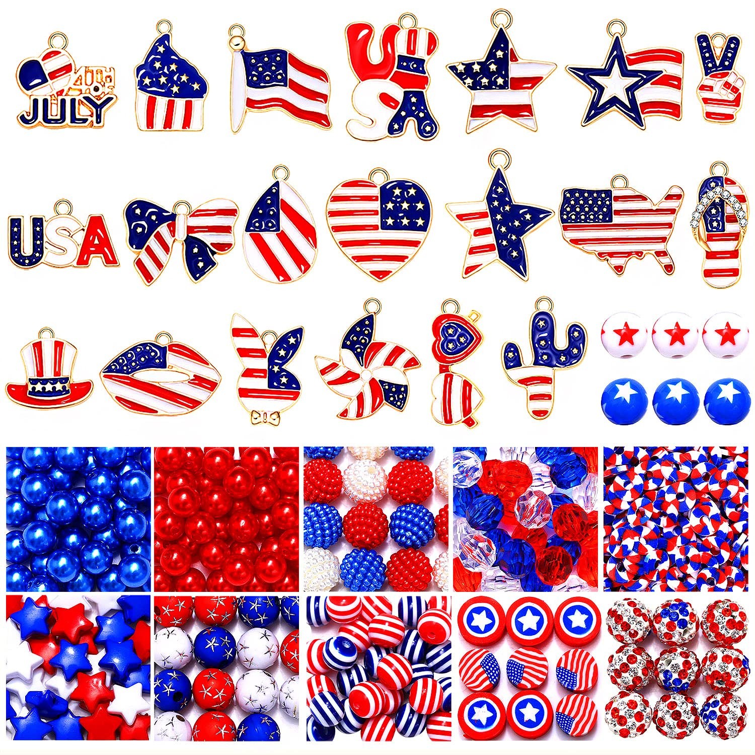 480PCS+ Patriotic Beads Charms for Jewelry Making Enamel 4Th of July American