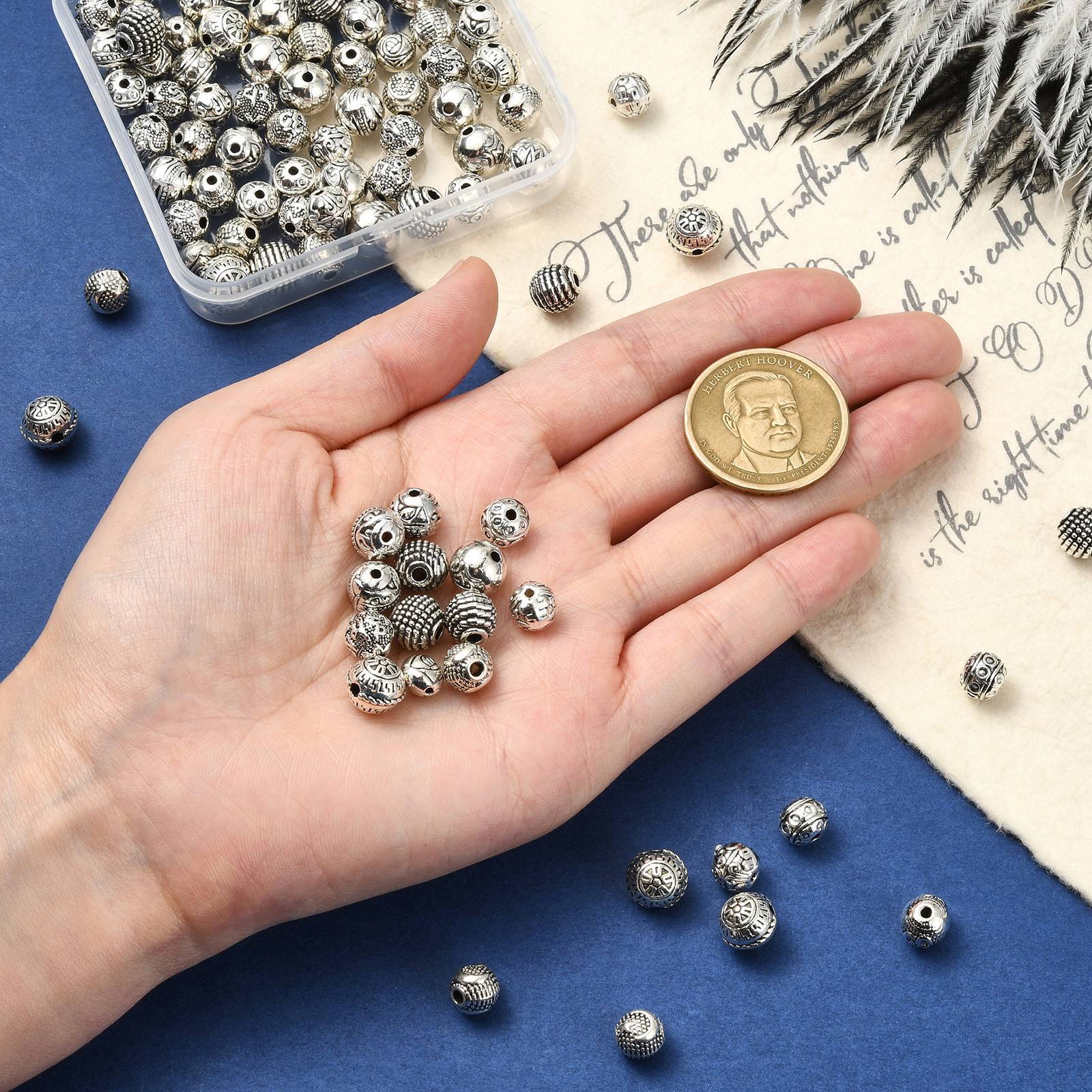100Pcs Tibetan Style Beads Metal Round Antique Silver Beads for Jewelry Making
