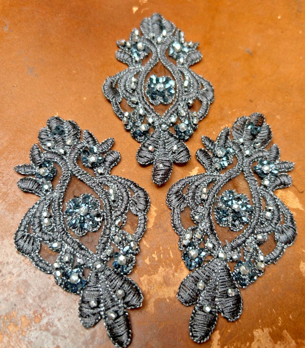 embroidered appliques beads metallic 2.25×4″ hand sewn 1pc gray silver 1pc