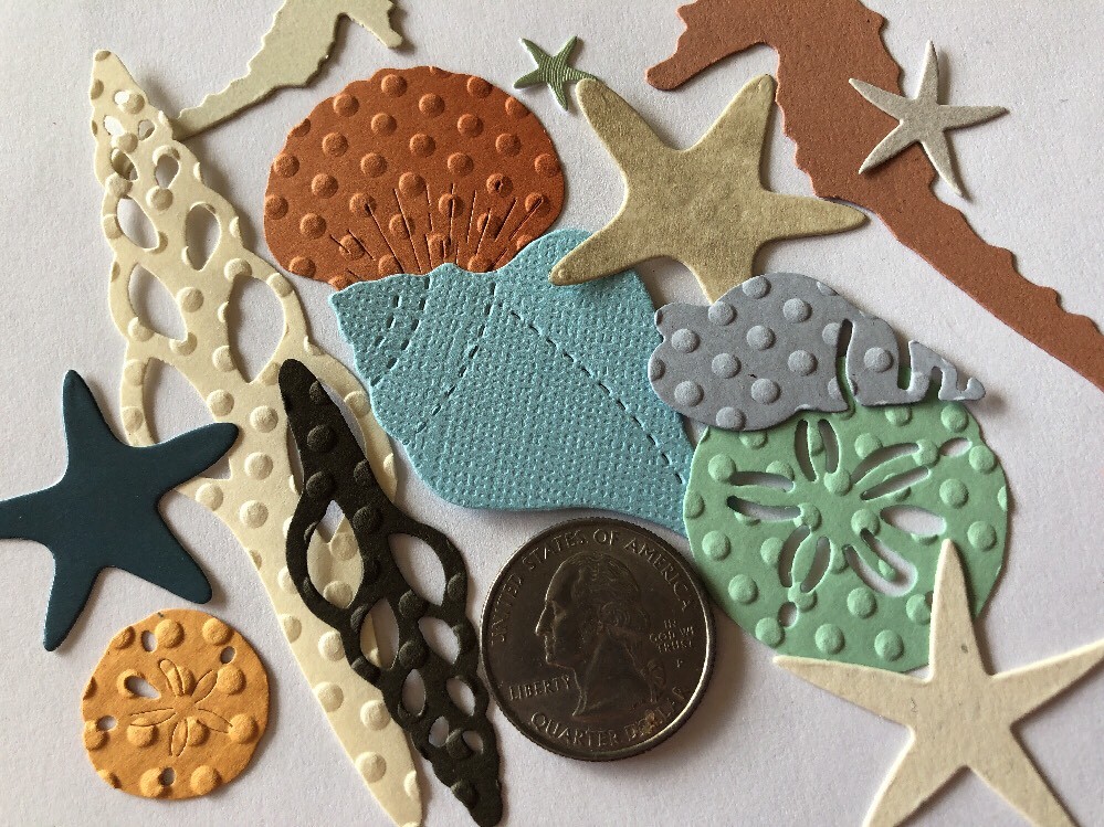 BEACH THEMED DIE-Cuts(12pc) Seahorse•Shells•Ocean•Starfish•Sea •Sand Dollar•Sand
