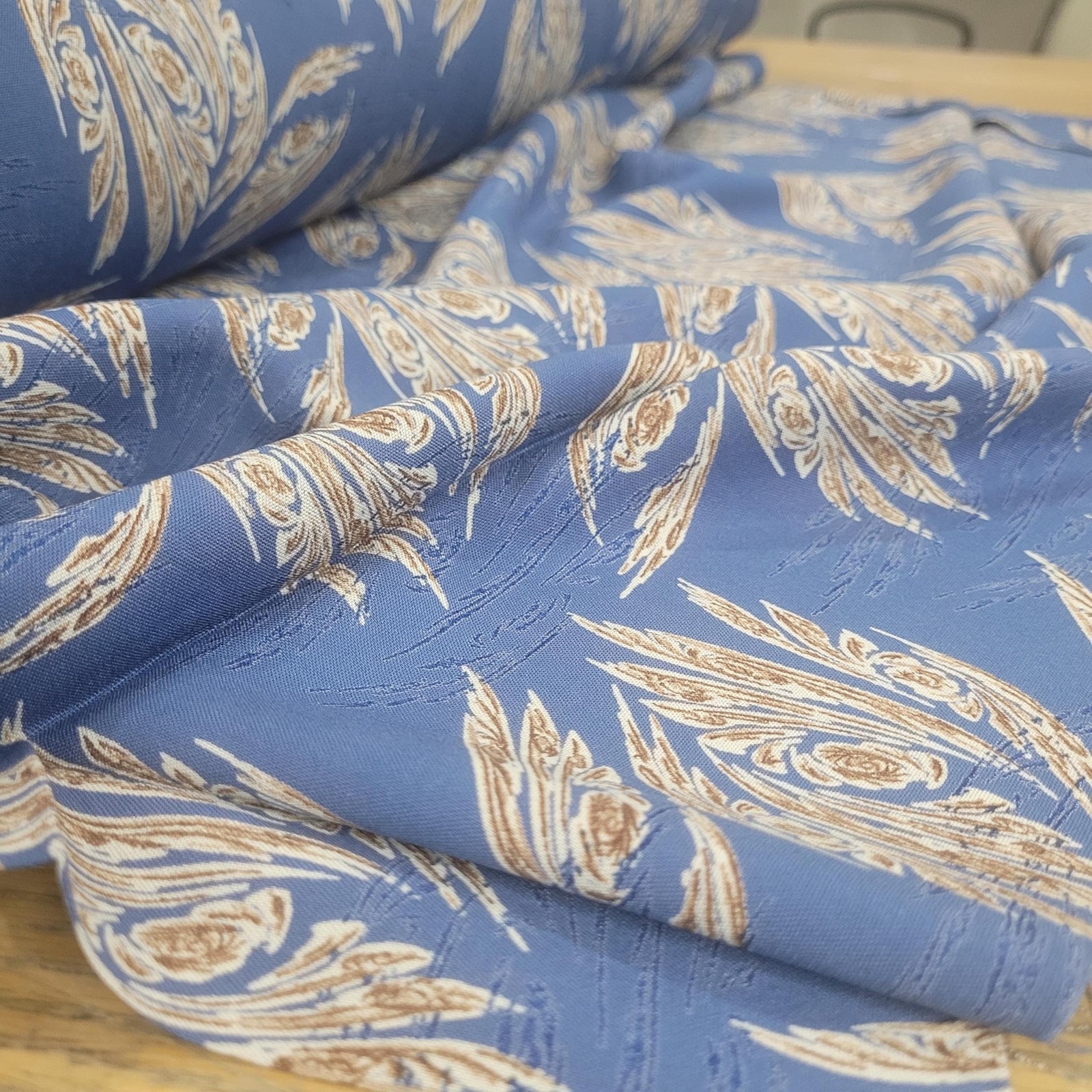 Blue Viscose Fabric by Yard, Gold Leaf Paisley Boho Fabric, Summer Dress