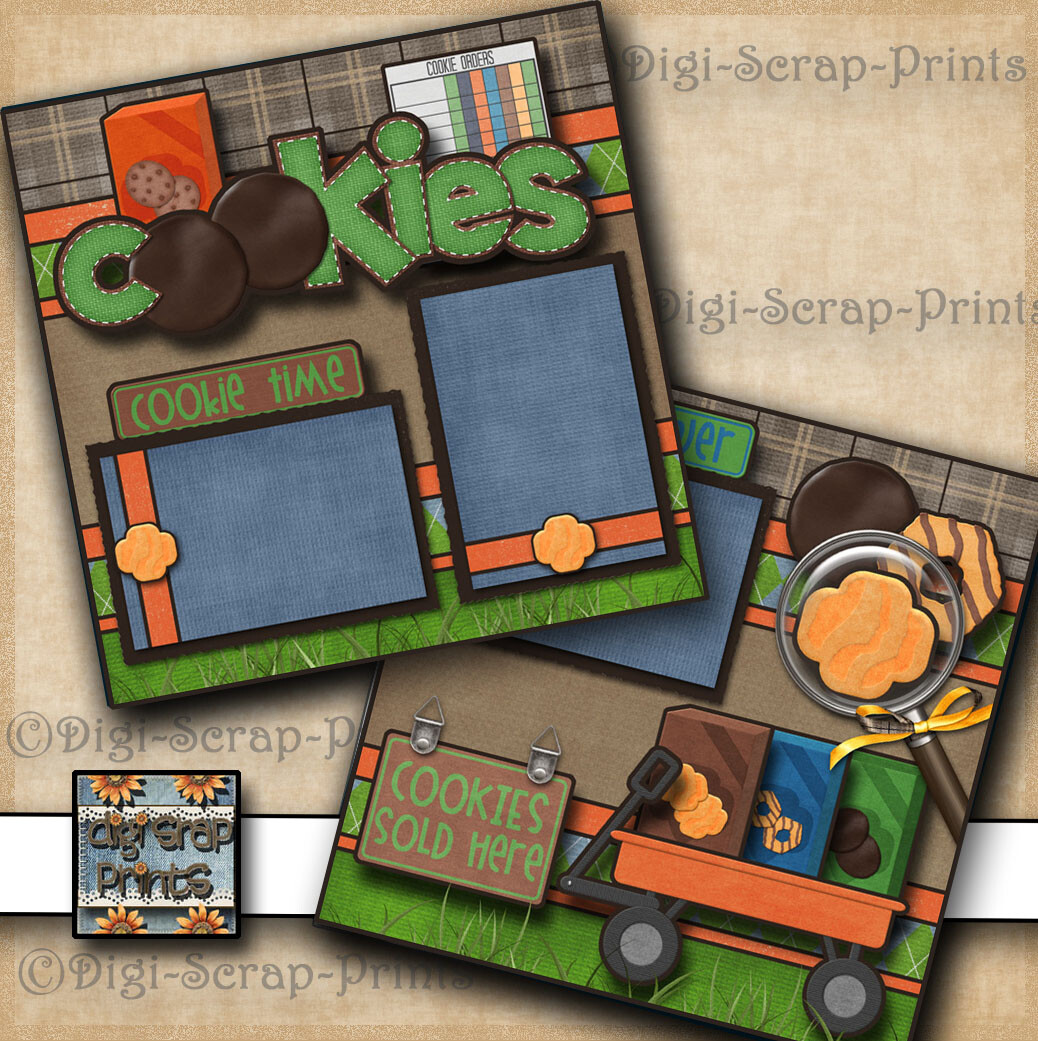 GIRL SCOUT COOKIES ~ 2 premade SCRAPBOOK pages paper piecing DIGISCRAP #A0195