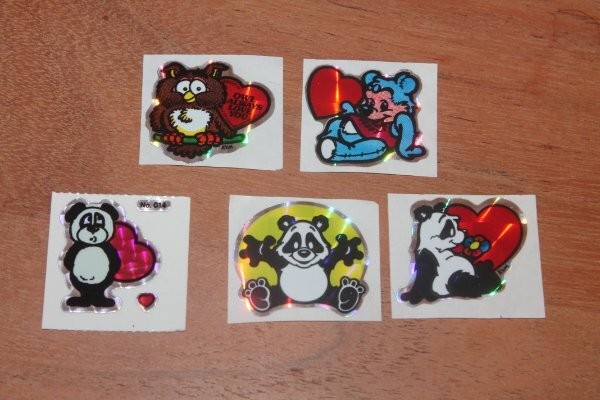 Vintage KEM Prism Sticker mods Panda Teddy Owl Bear Heart lot of 5 1980s