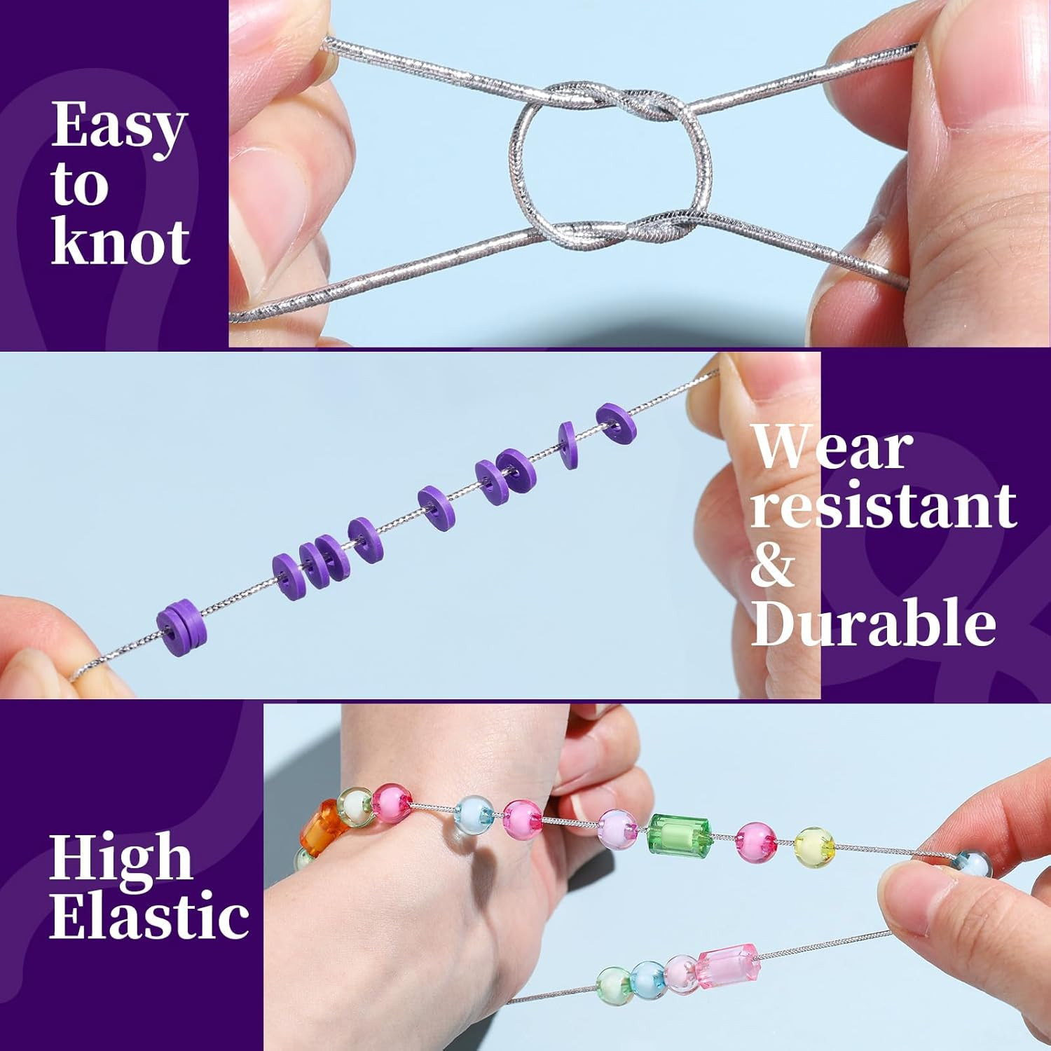 1.2Mm Elastic String, Metallic Silver Stretch Cord for Craft Gift